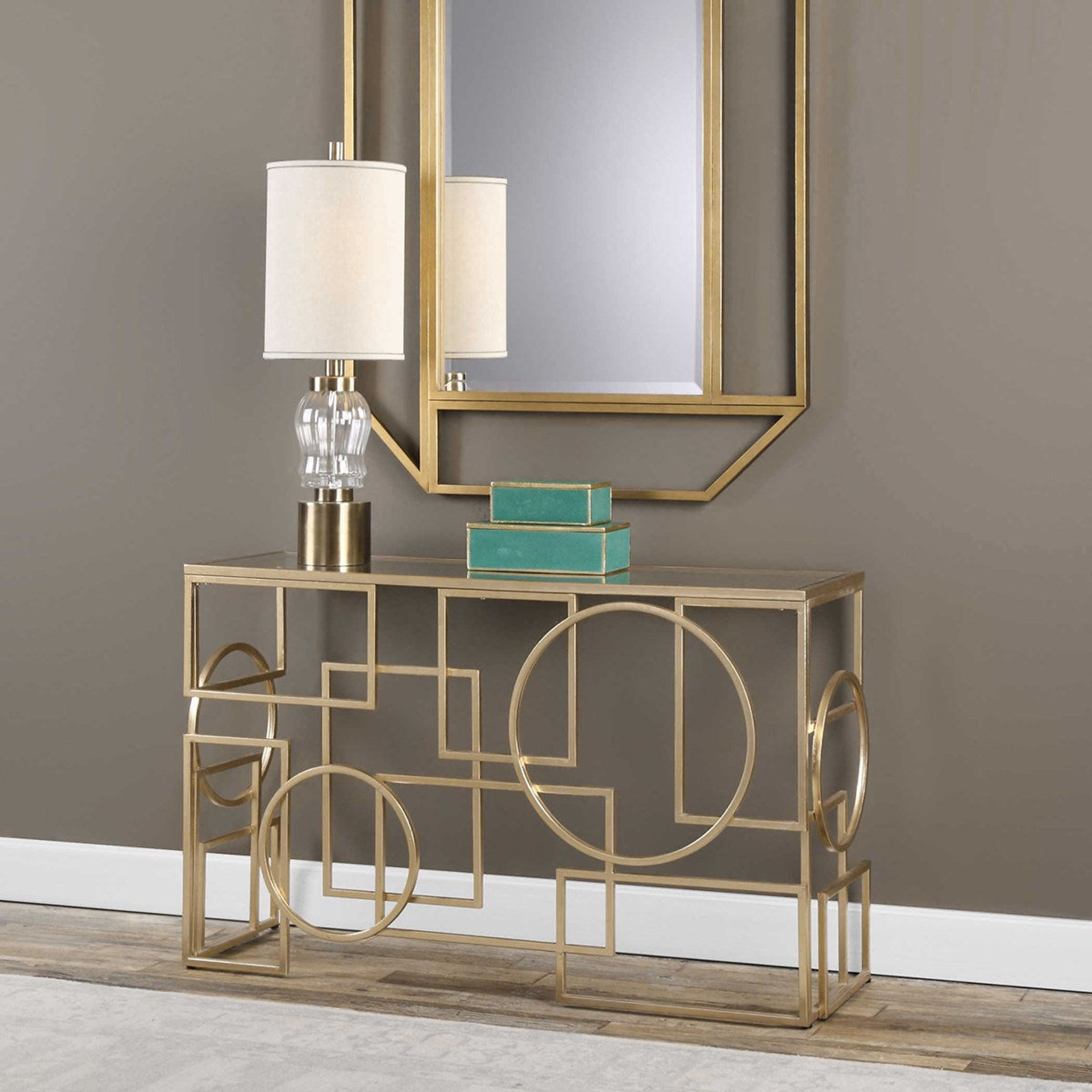 Uttermost Metria Glass Top With Antiqued Gold Iron Contemporary Console Table - Image 1