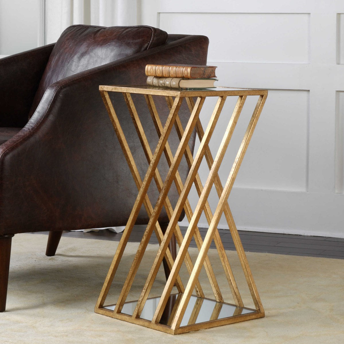 Uttermost Janina Mirrored Top With Gold Leaf Base Modern Accent Table - Image 2