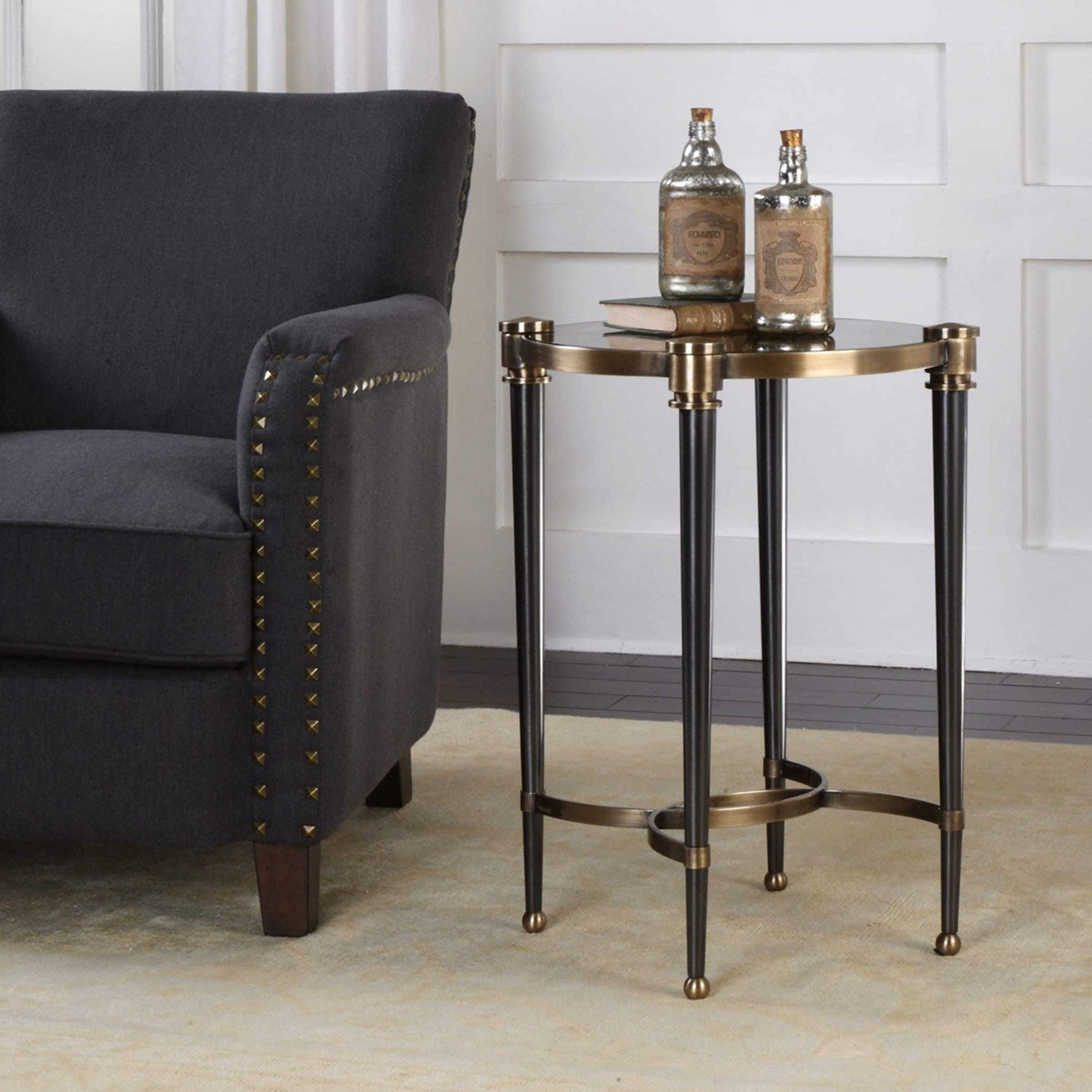 Uttermost Thora Smoked Glass Top With Black & Brass Base Accent Table - Image 3