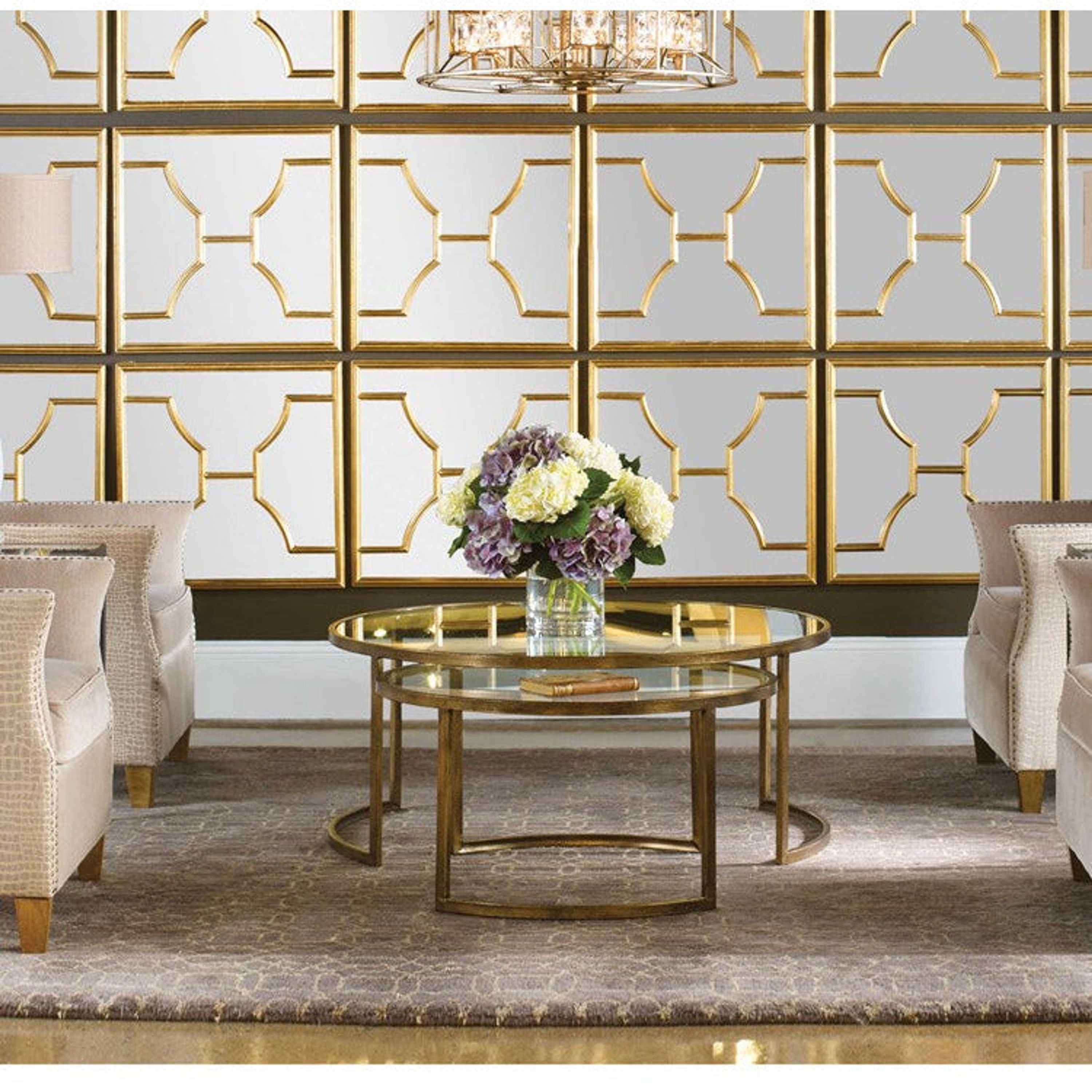 Uttermost Rhea Glass Tops With Antiqued Gold Iron Bases Set of 2 Modern Round Nesting Coffee Tables - Image 2
