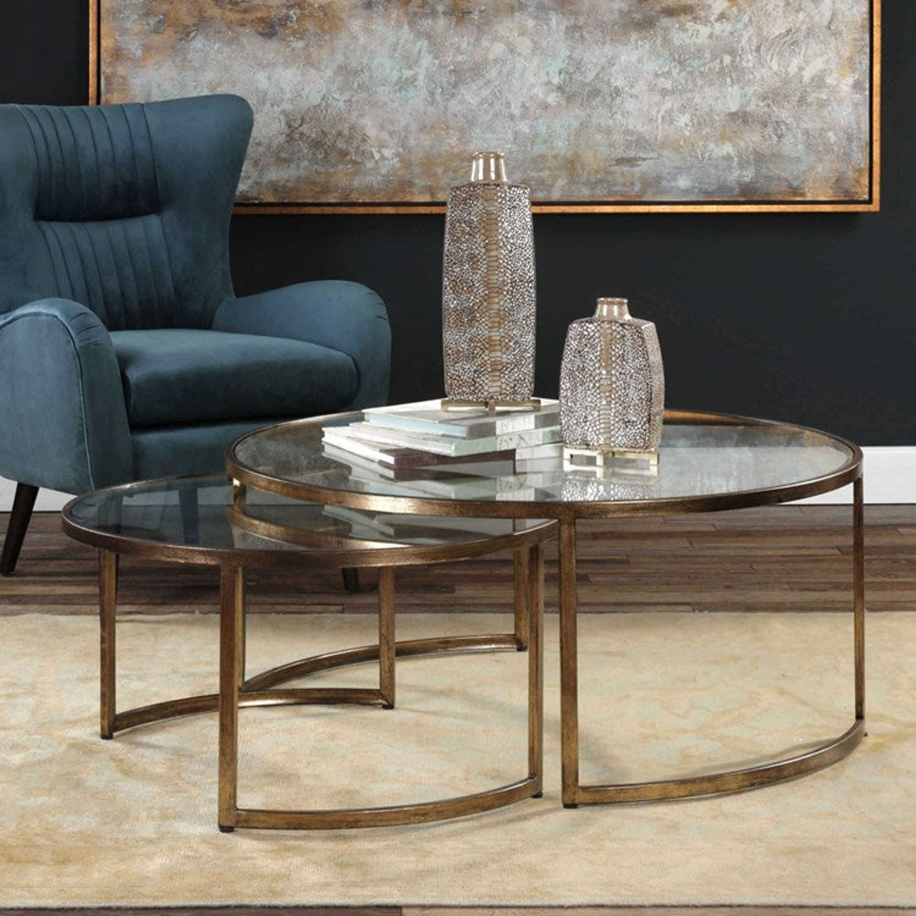 Uttermost Rhea Glass Tops With Antiqued Gold Iron Bases Set of 2 Modern Round Nesting Coffee Tables - Image 1