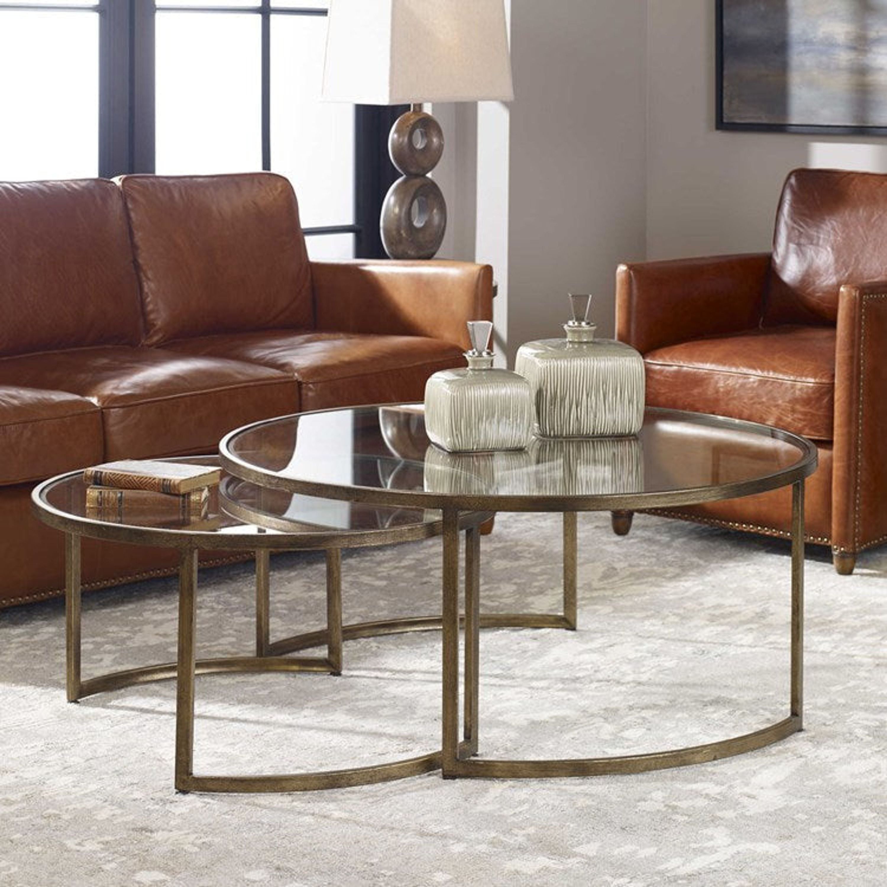 Uttermost Rhea Glass Tops With Antiqued Gold Iron Bases Set of 2 Modern Round Nesting Coffee Tables - Image 3