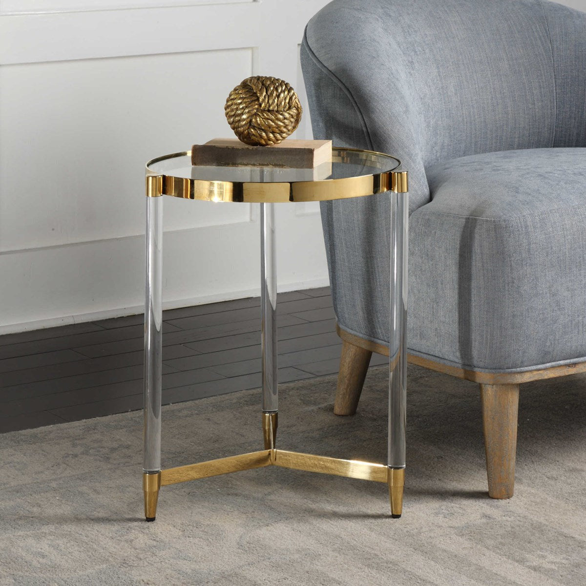 Uttermost Kellen Glass Too With Acrylic and Gold Base Round Accent Table - Image 3