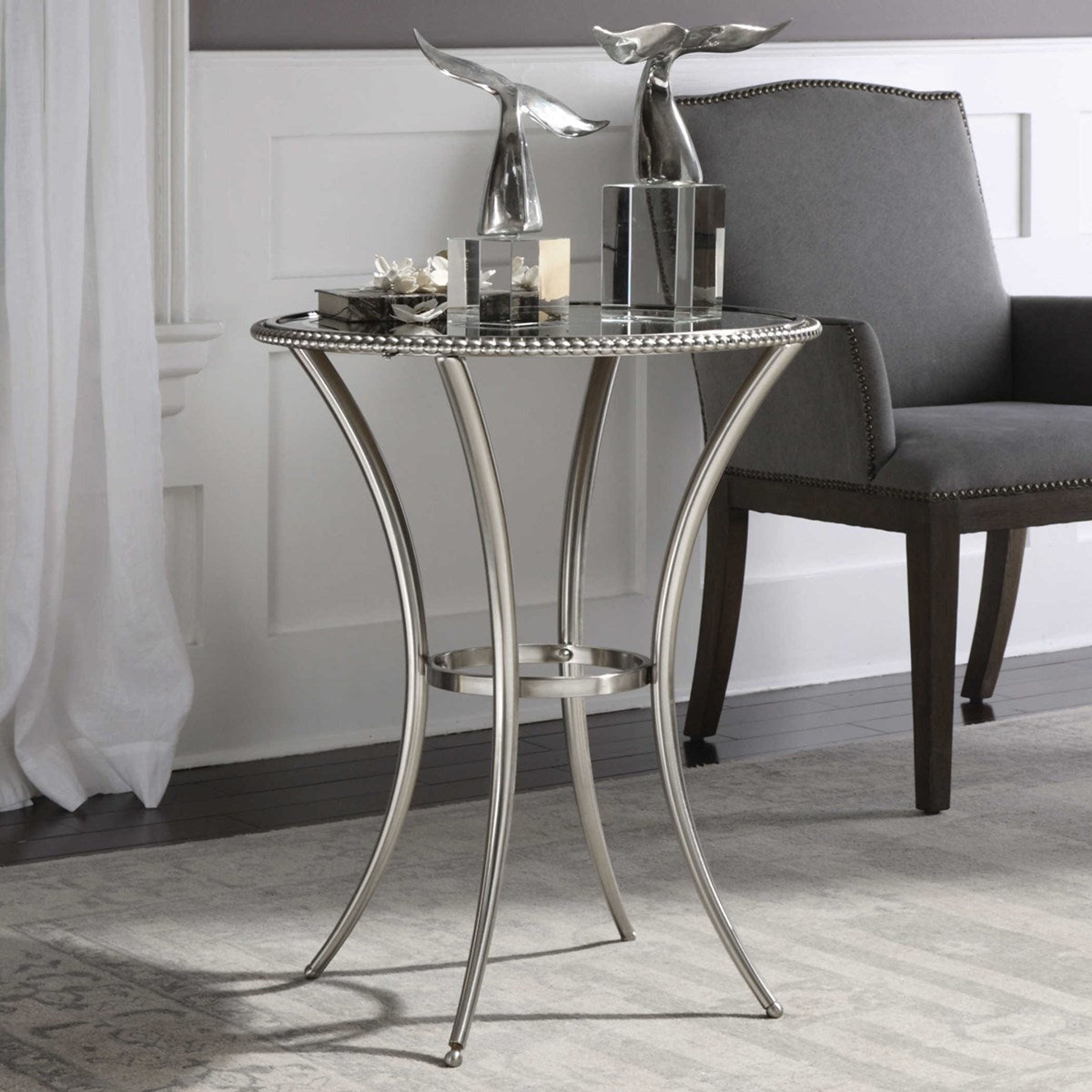 Uttermost Sherise Glass Top With Brushed Nickel Round Accent Table - Image 1