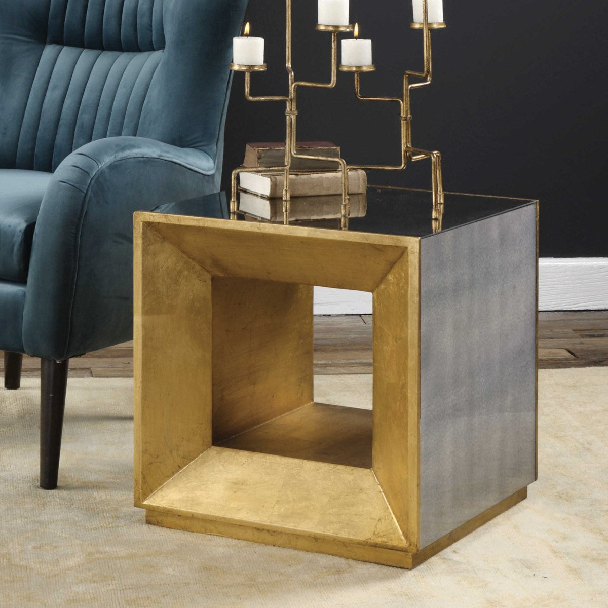 Uttermost Flair Antiqued Mirror With Gold Leaf Modern Cube Table - Image 2