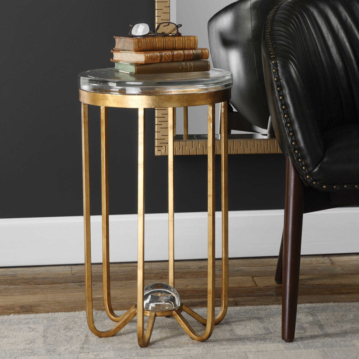 Uttermost Allura Glass Top With Antiqued Gold Leaf Iron Round Accent Table - Image 1