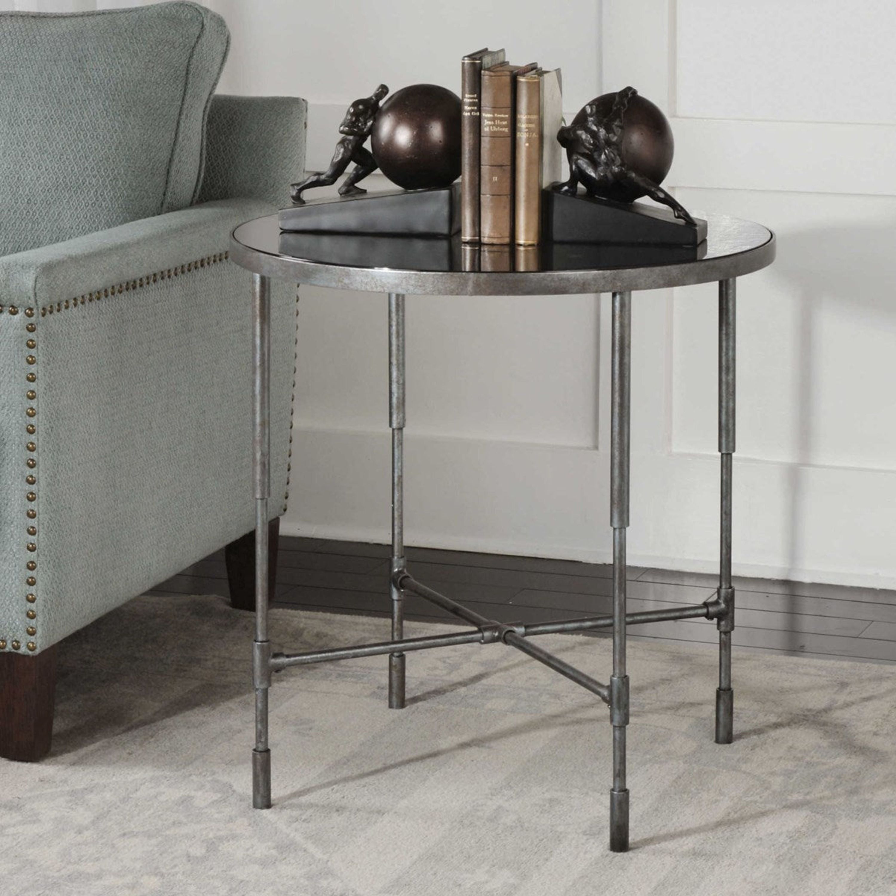 Uttermost Vande Smoked Glass Top With Aged Iron Base Industrial Modern Side Table - Image 2