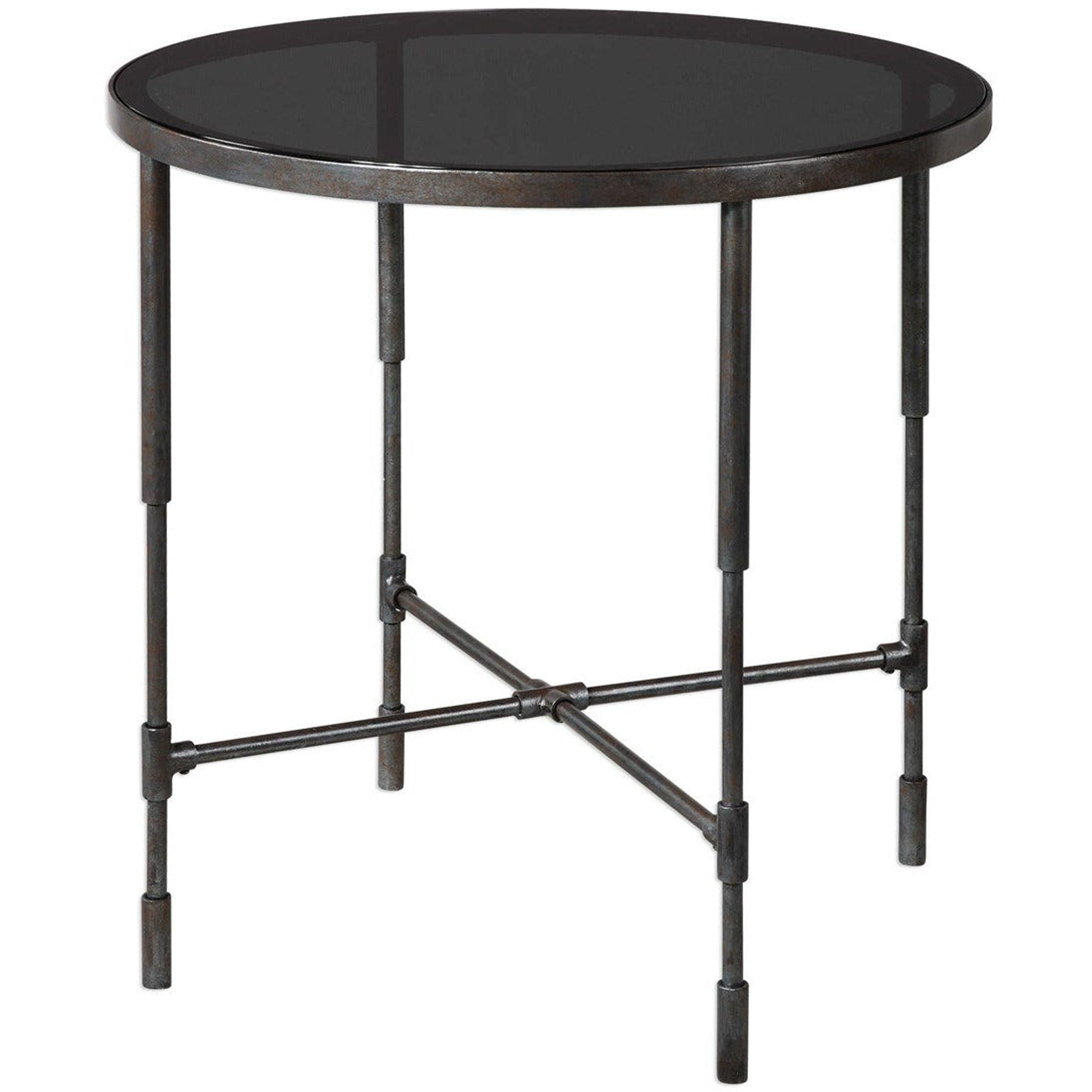 Uttermost Vande Smoked Glass Top With Aged Iron Base Industrial Modern Side Table - Image 3