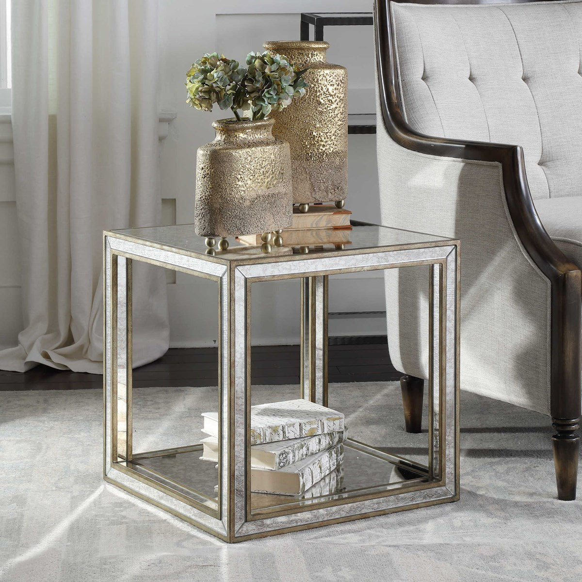 Uttermost Julie Antiqued Mirror With Burnished Antique Gold Birch Wood Accent Table - Image 1