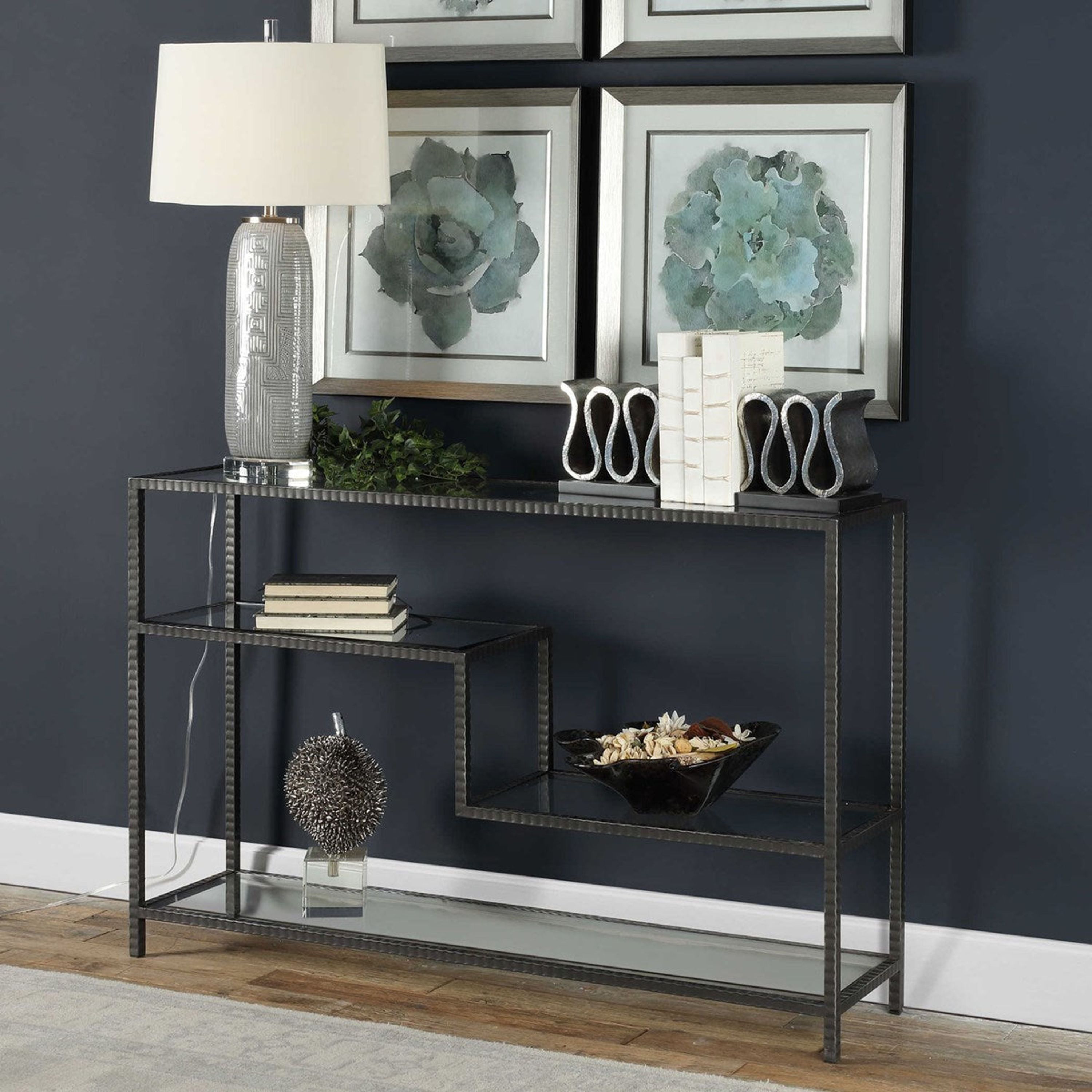 Uttermost Leo Glass Top and Shelves With Aged Gunmetal Iron Modern Console Table - Image 3