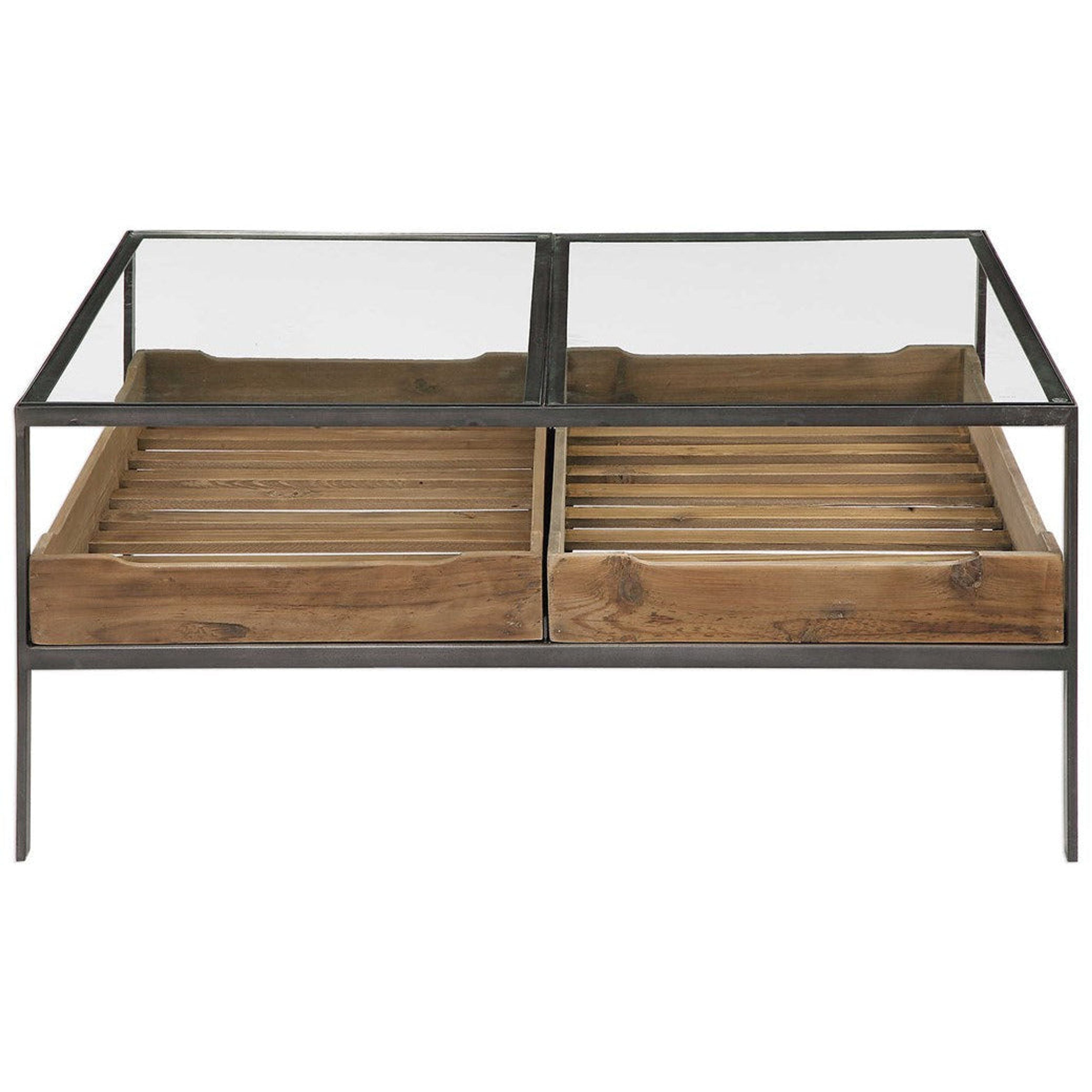 Uttermost Silas Glass Top With Reclaimed Wood and Aged  Iron Rustic Coffee Tablr - Image 2