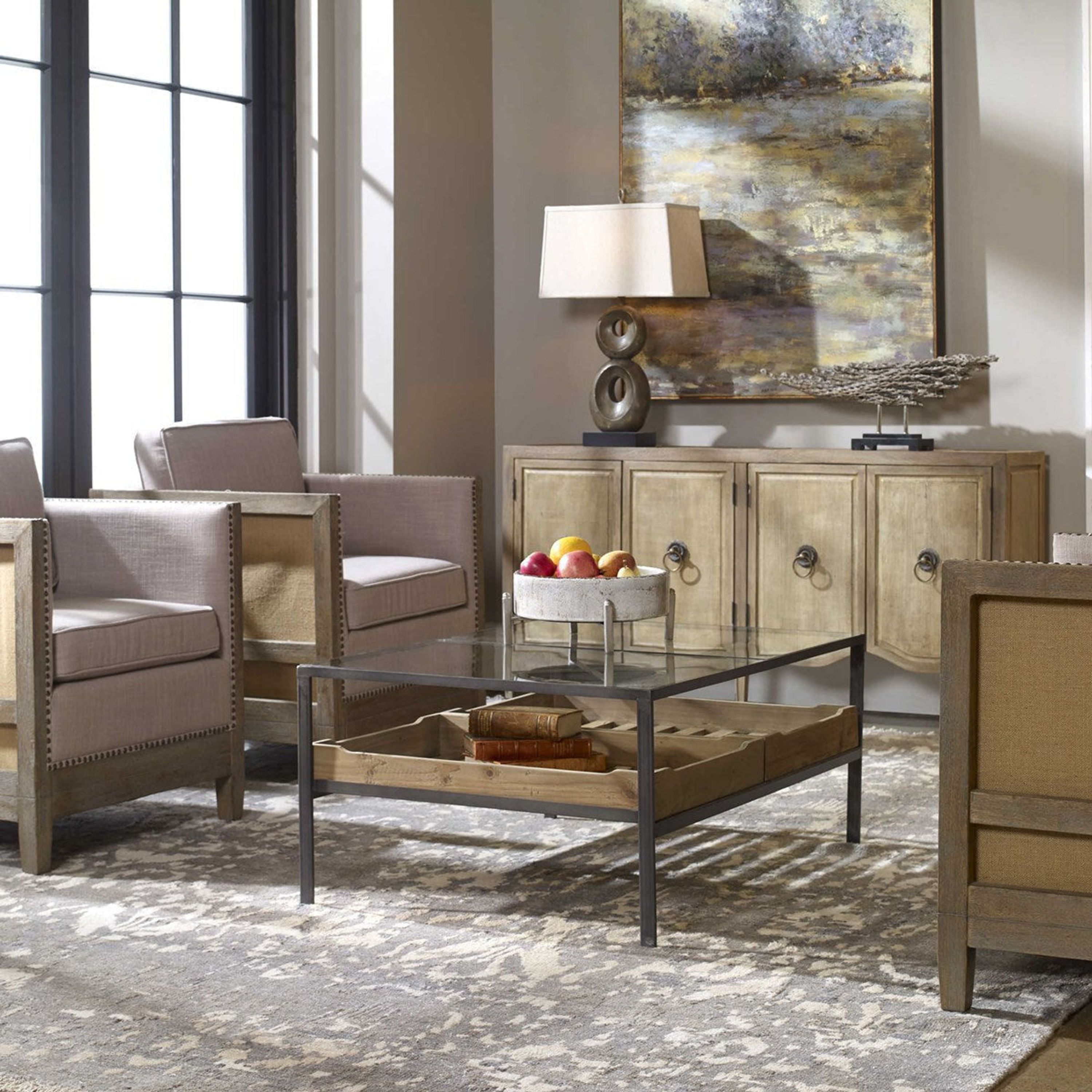 Uttermost Silas Glass Top With Reclaimed Wood and Aged  Iron Rustic Coffee Tablr - Image 1