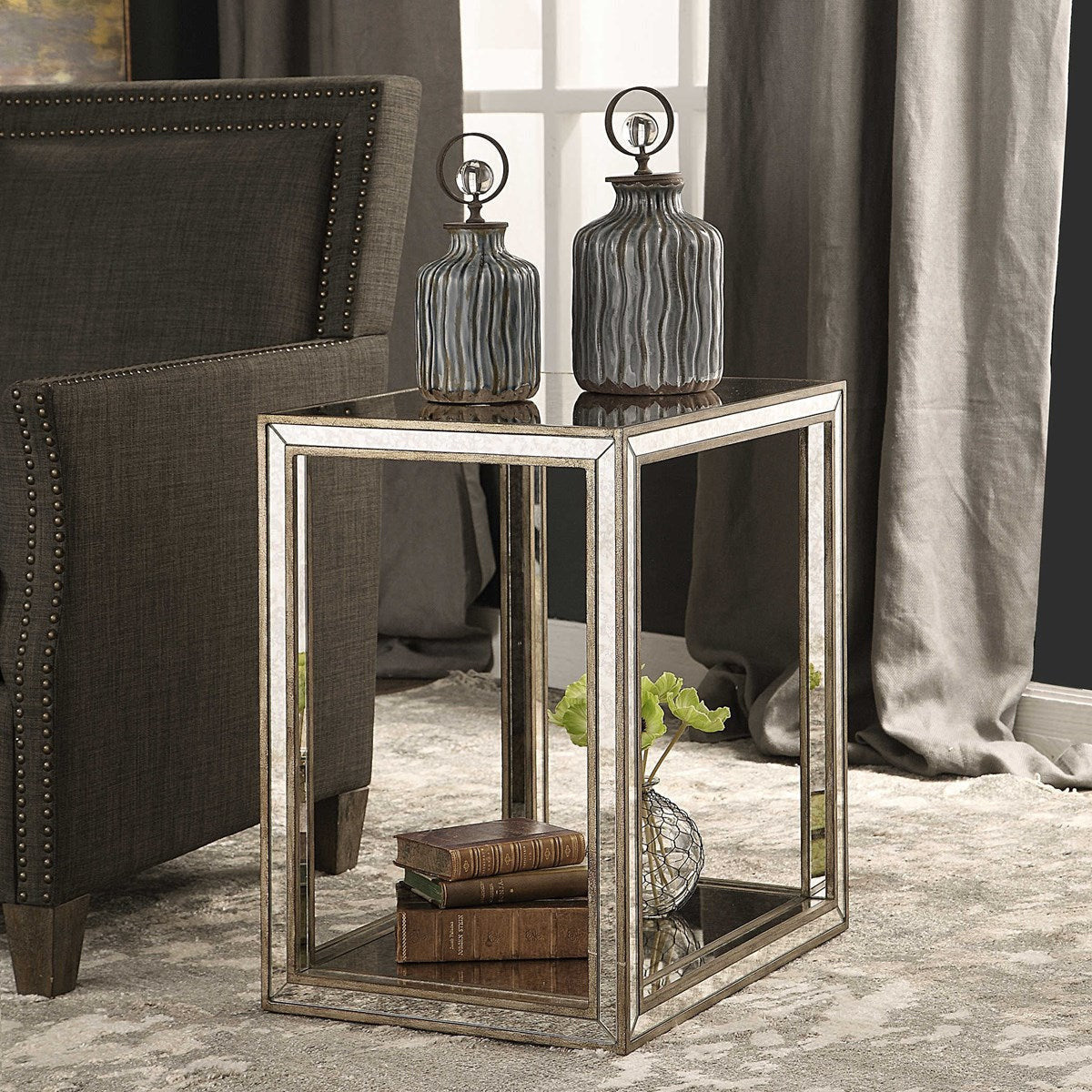 Uttermost Julie Antiqued Mirror With Burnished Antique Gold Birch Wood End Table - Image 2