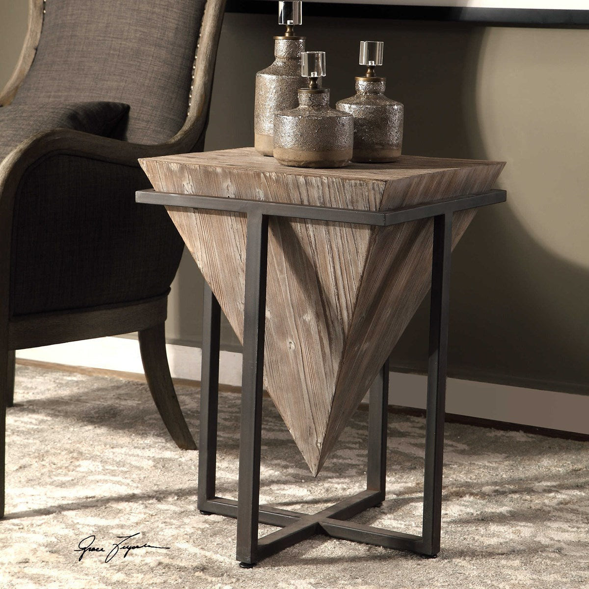 Uttermost Bertrand Gray Wash Aged Fir Wood With Aged Black Iron Base Accent Table - Image 3