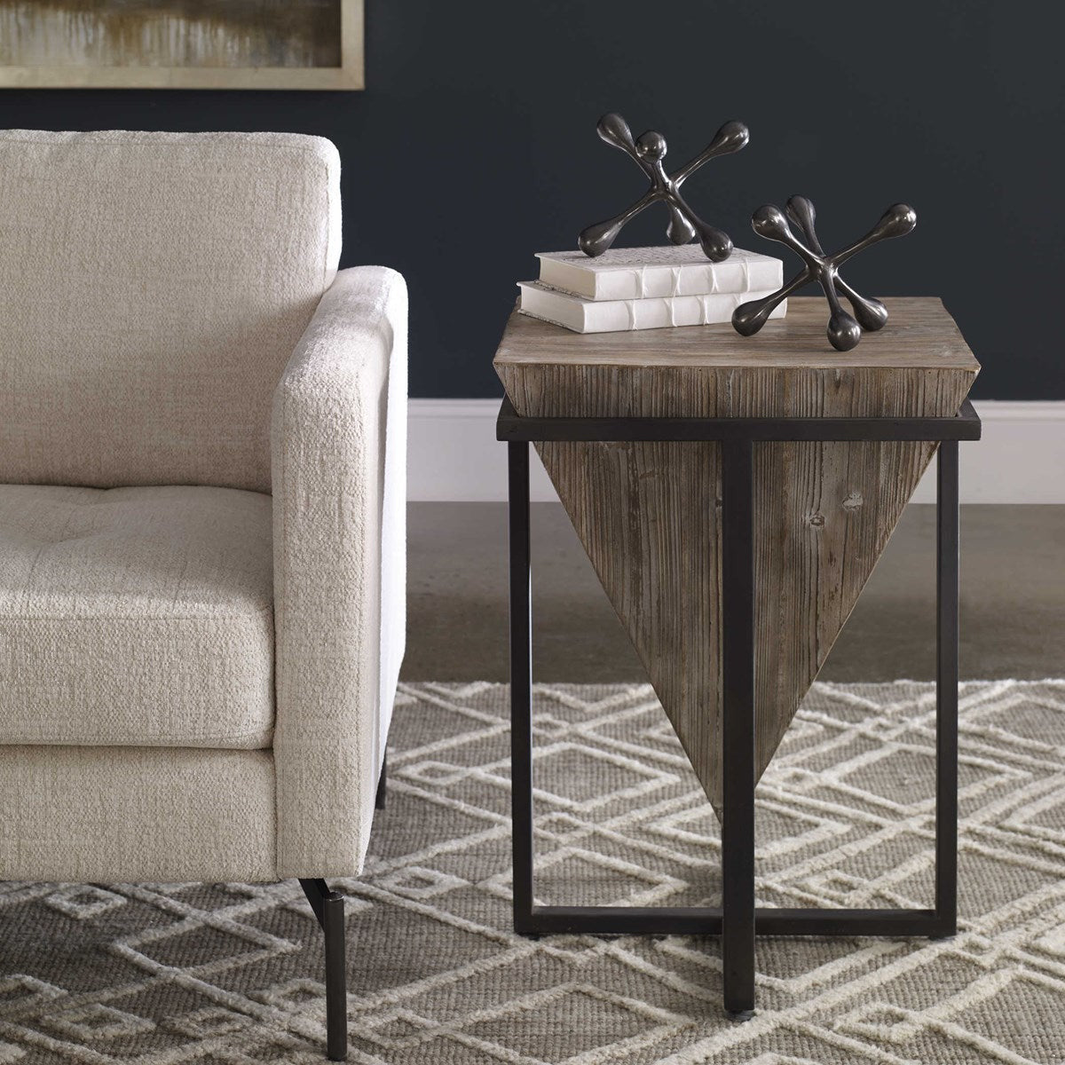 Uttermost Bertrand Gray Wash Aged Fir Wood With Aged Black Iron Base Accent Table - Image 1