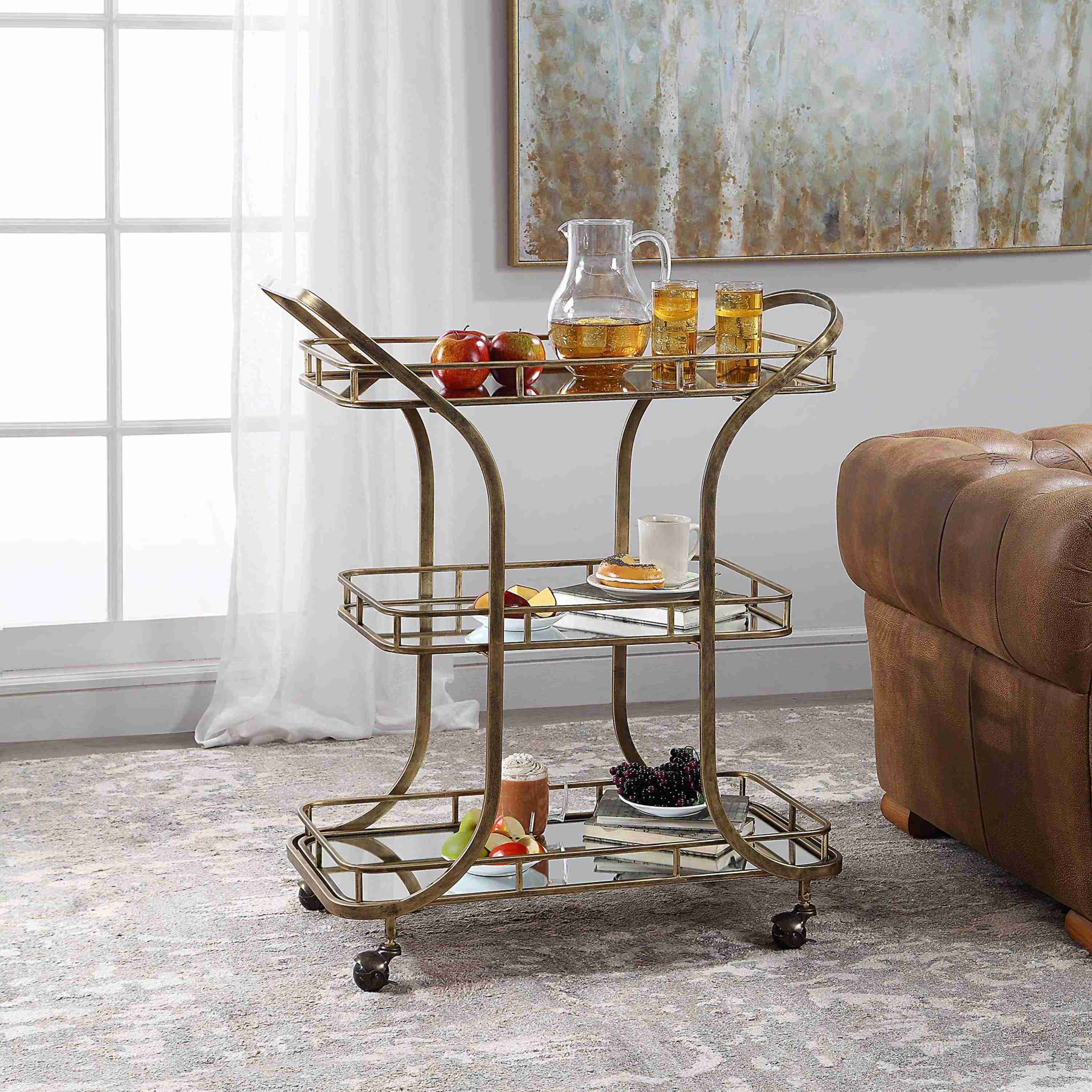 Uttermost Stassi Antiqued Gold Iron With Mirrored Shelves Bar Serving Cart - Image 1