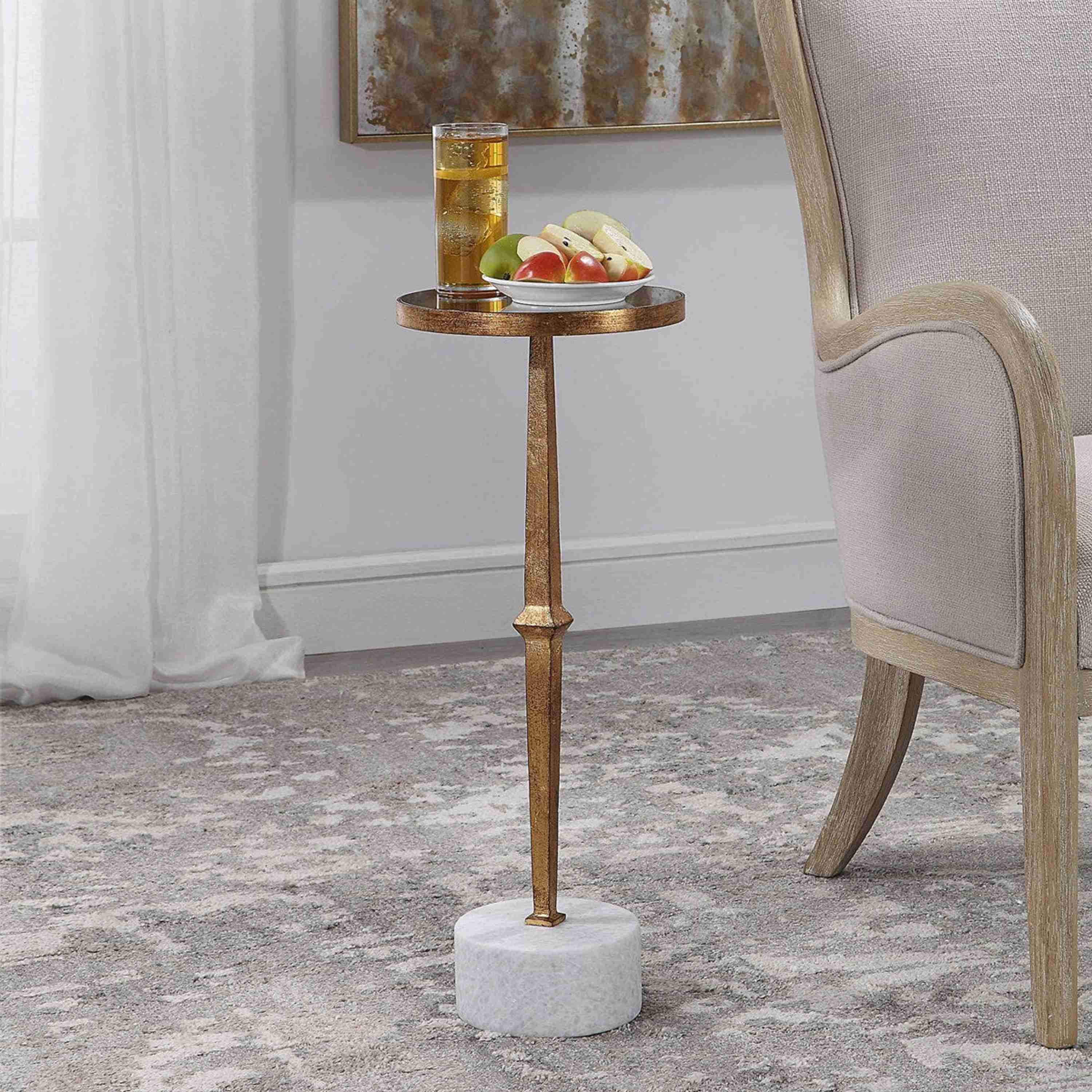 Uttermost Miriam Antiqued Mirror Top With Iron and White Marble Contemporary Round Drink Table - Image 1