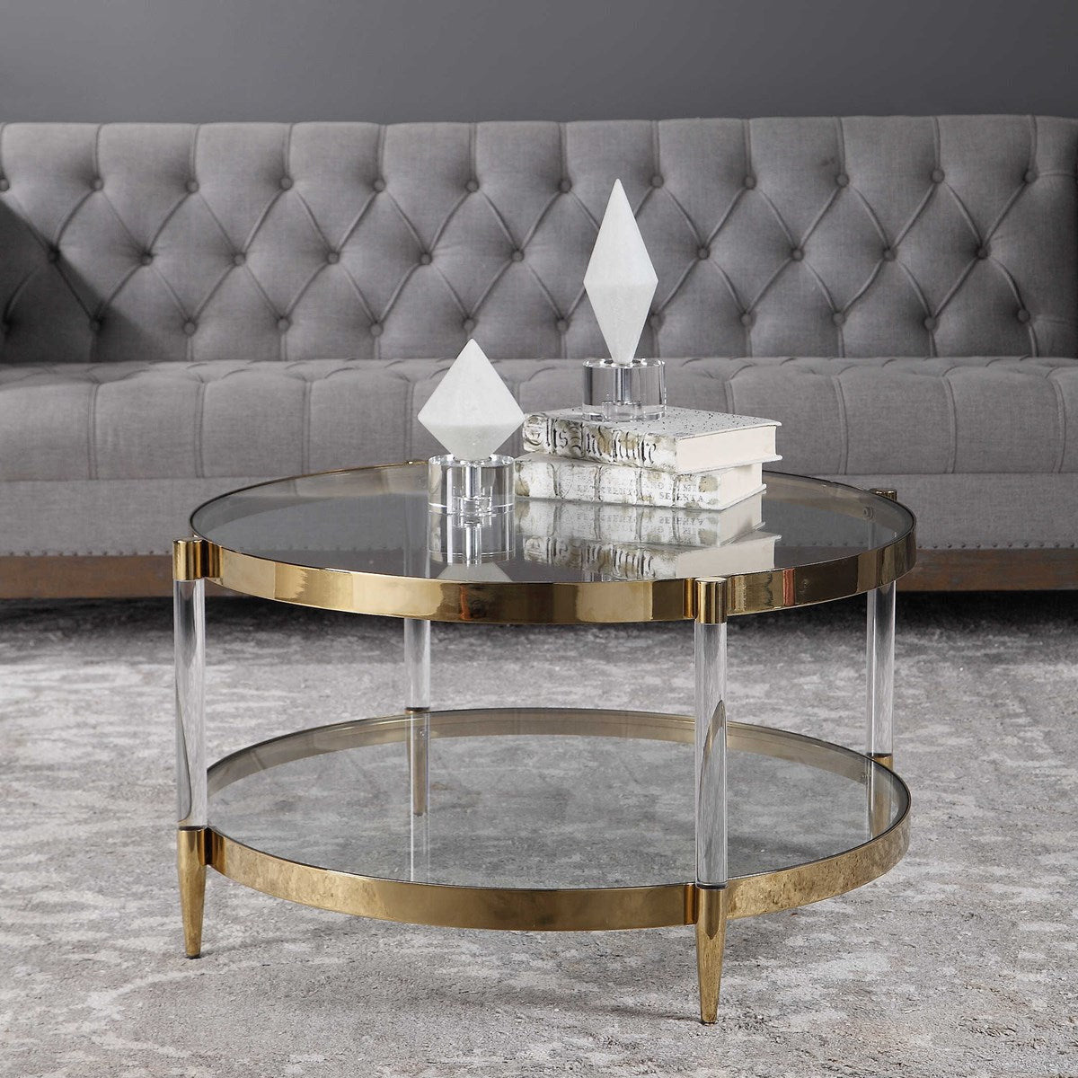 Uttermost Kellen Glass Too With Acrylic and Gold Base Round Coffee Table - Image 2