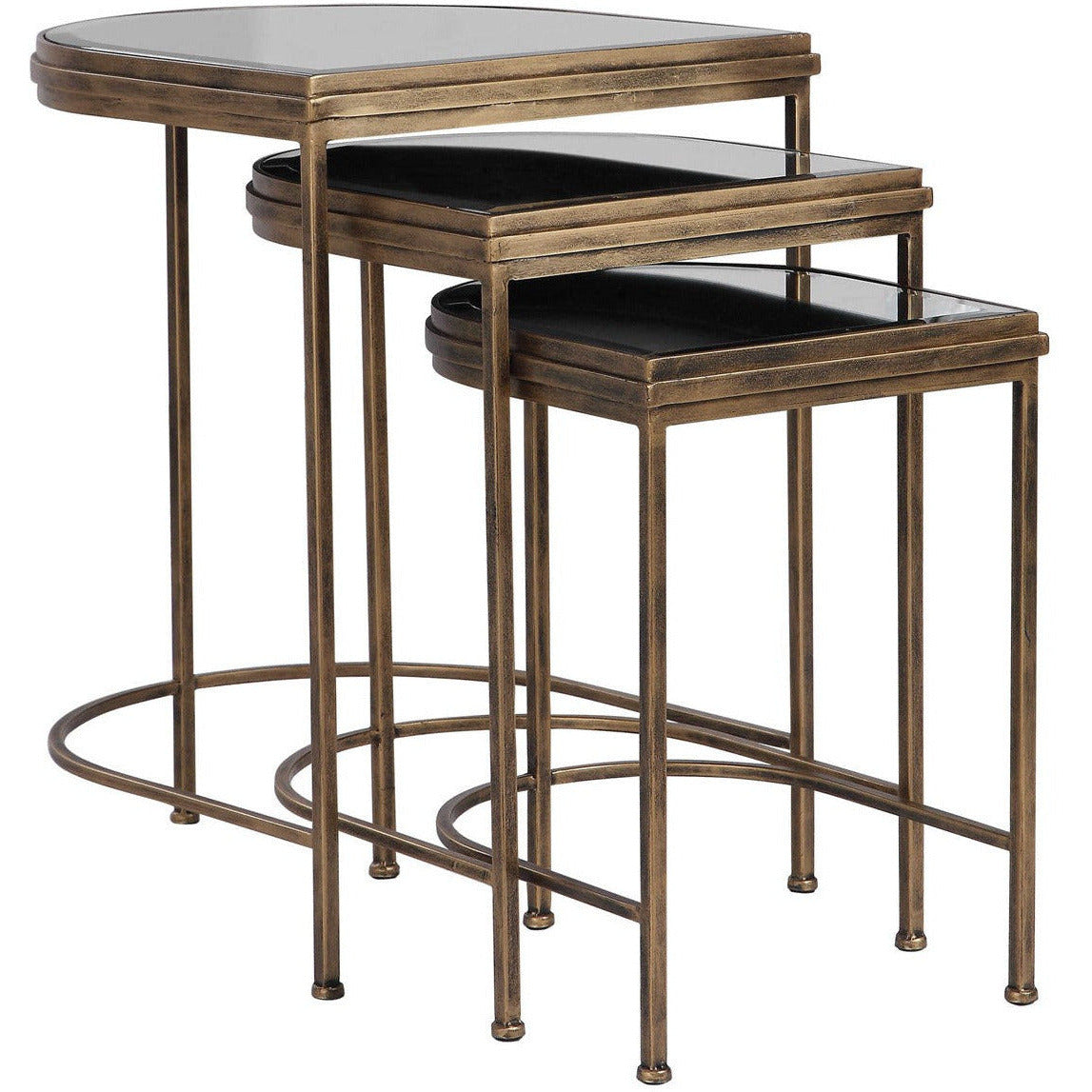 Uttermost India Mirrored Top With Antiqued Brushed Gold Iron Set of 3 Nesting Tables - Image 1