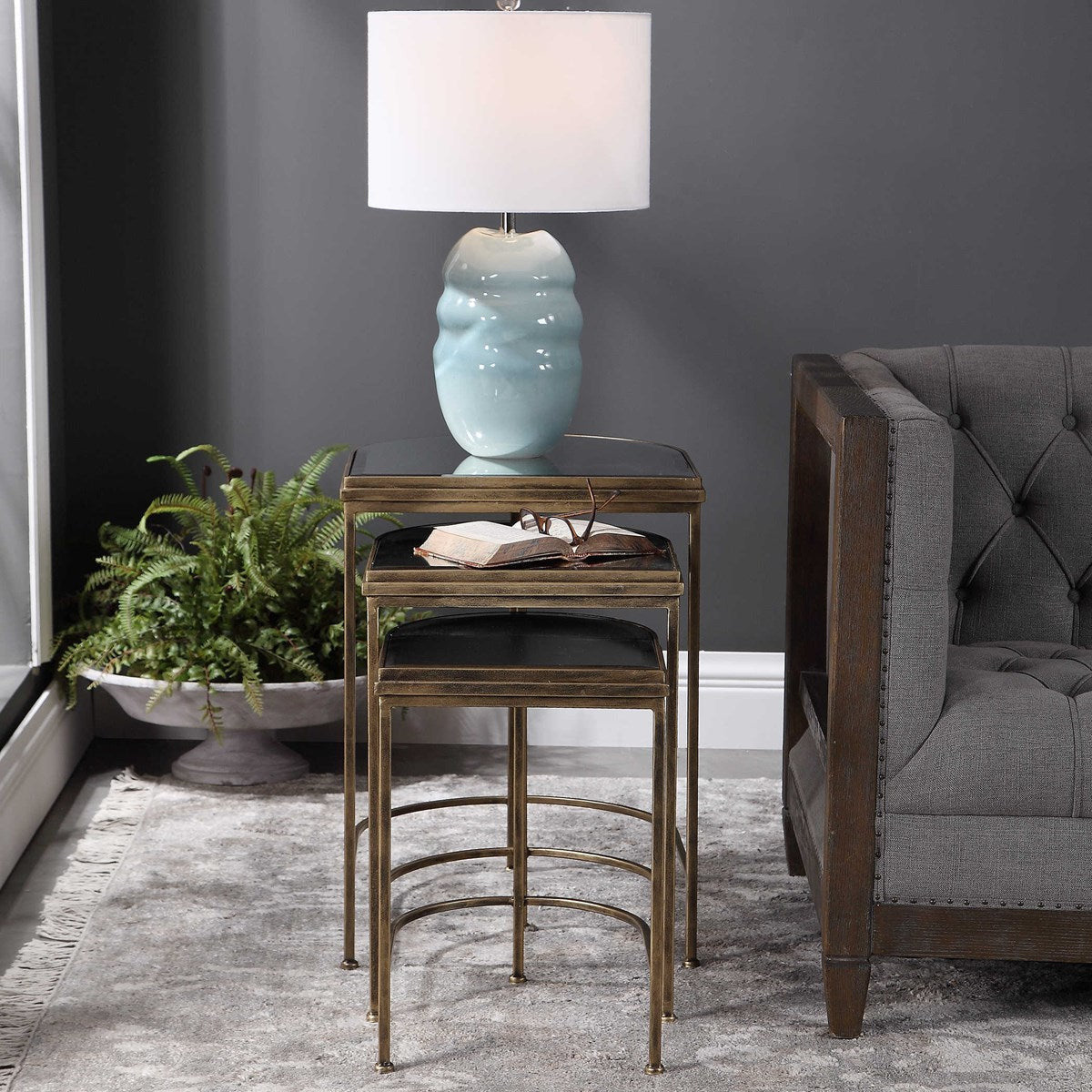 Uttermost India Mirrored Top With Antiqued Brushed Gold Iron Set of 3 Nesting Tables - Image 3