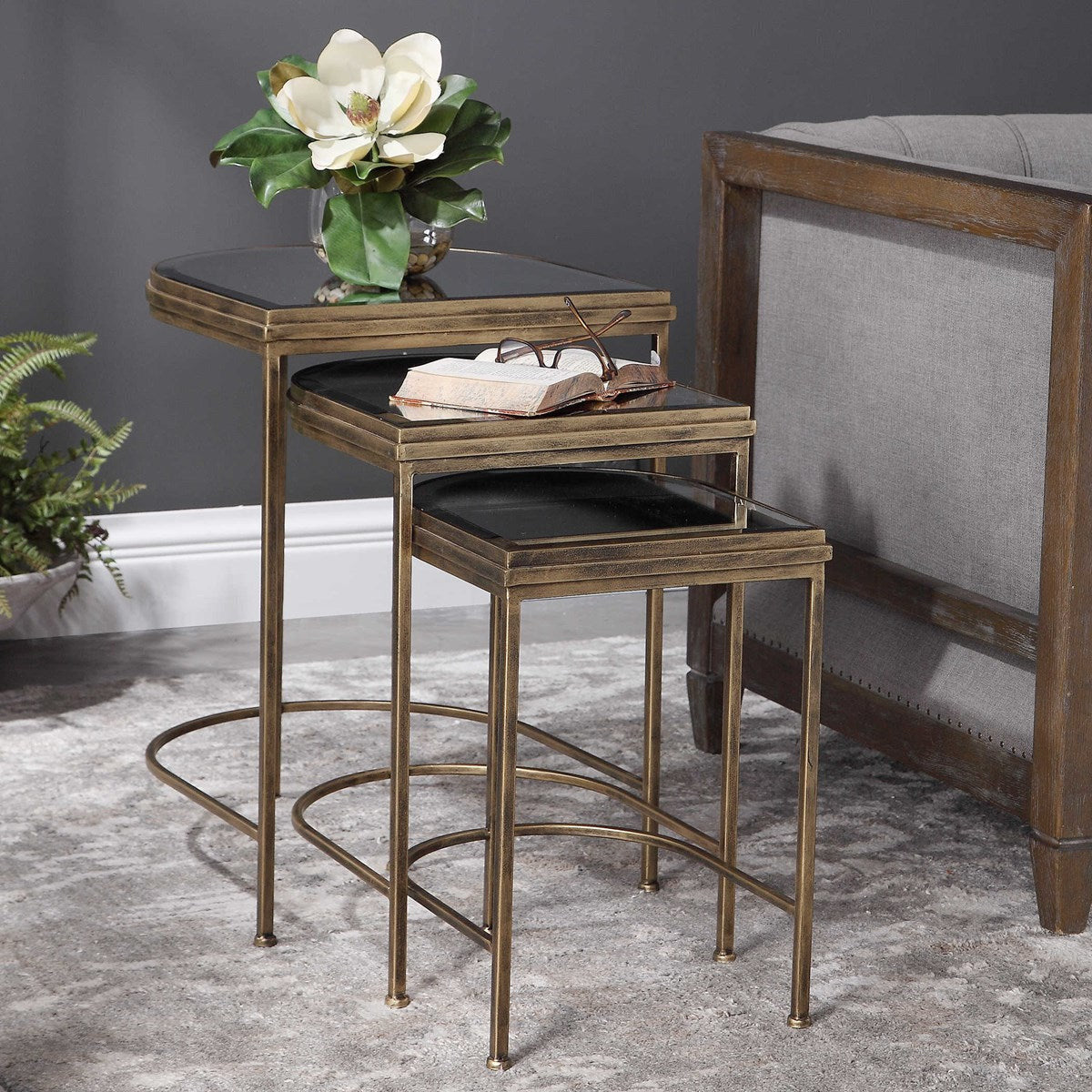 Uttermost India Mirrored Top With Antiqued Brushed Gold Iron Set of 3 Nesting Tables - Image 2
