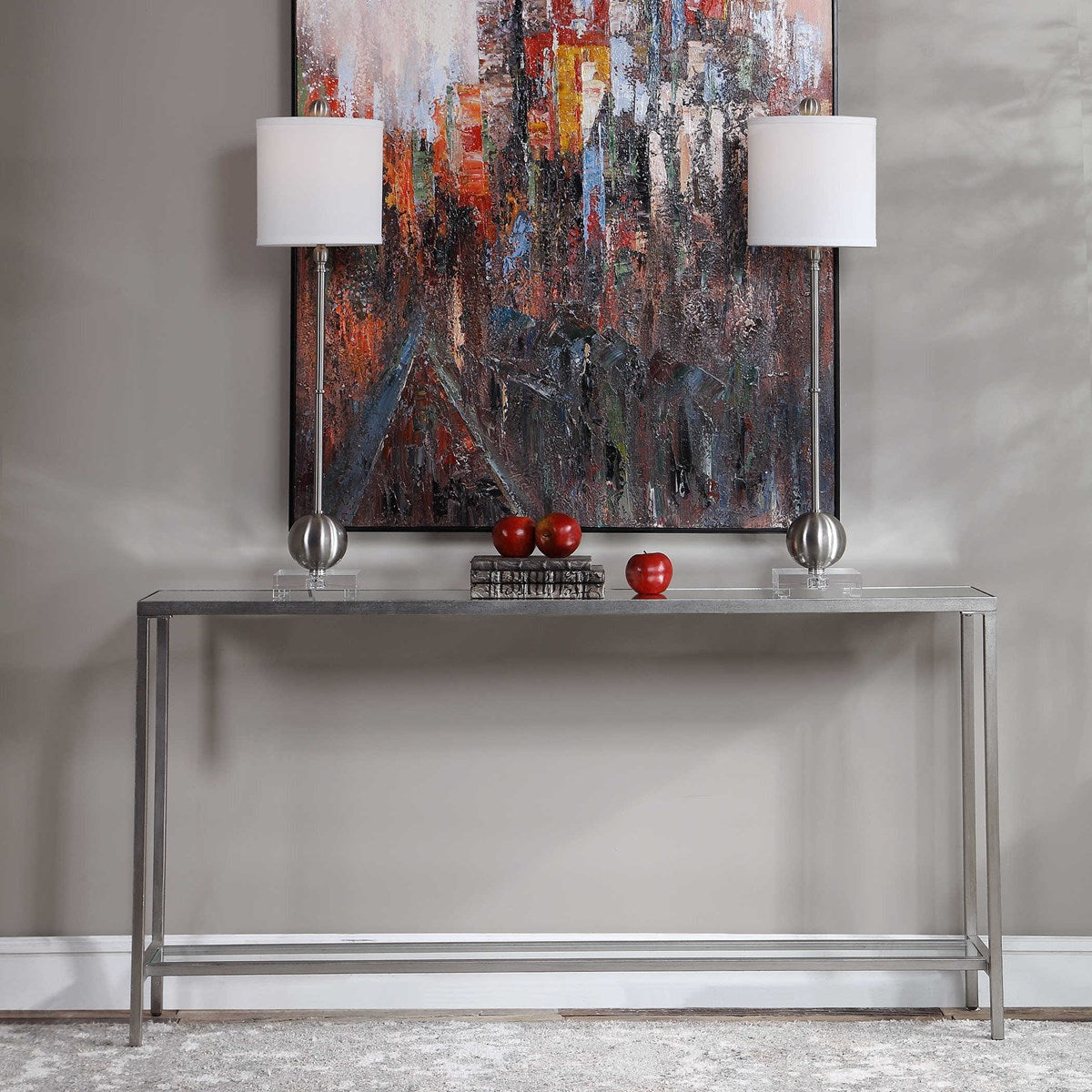 Uttermost Hayley Mirrored Too With Antiqued Silver Iron Modern Narrow Console Table - Image 3