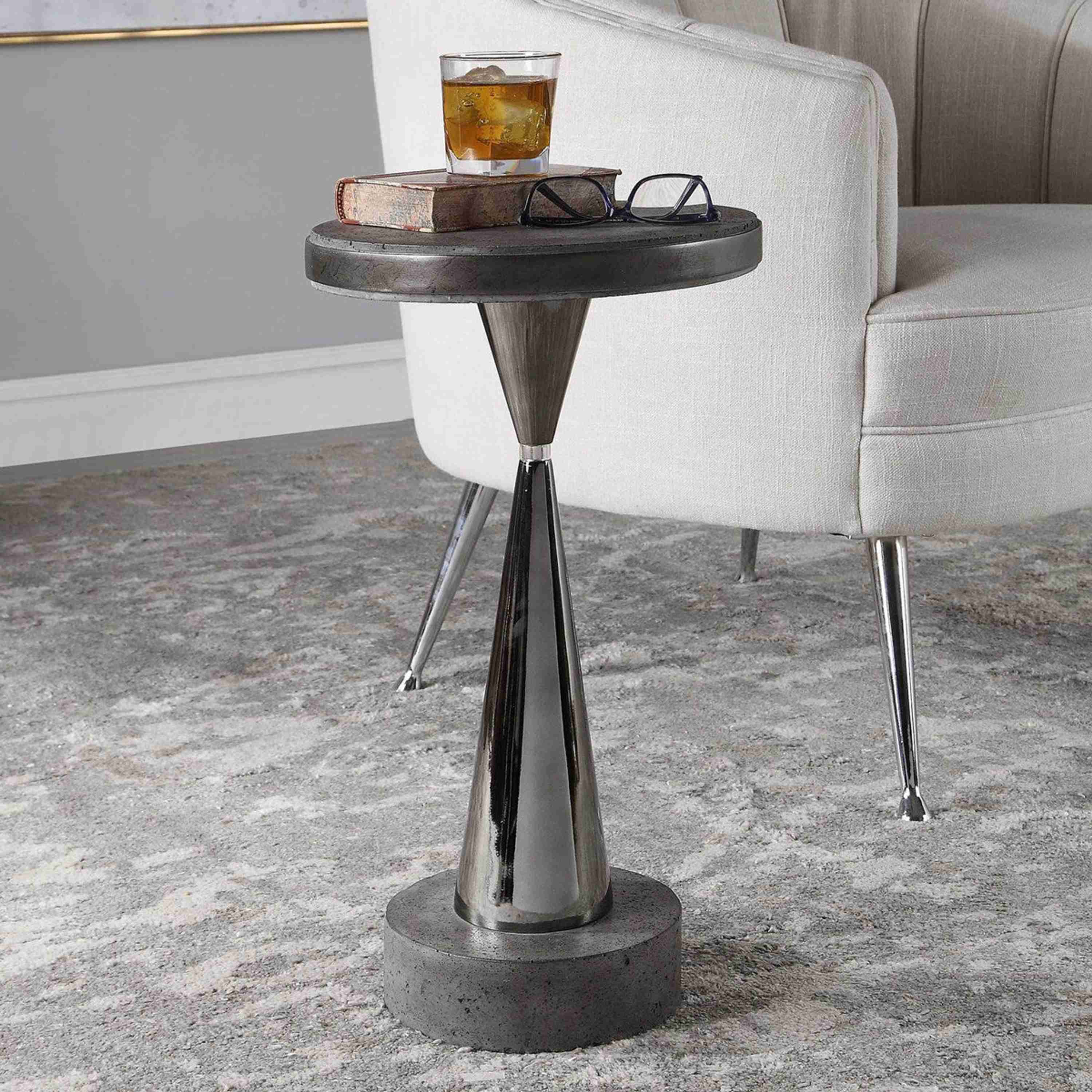Uttermost Simons Aged Concrete Top With Black Nickel Base Modern Drink Table - Image 3