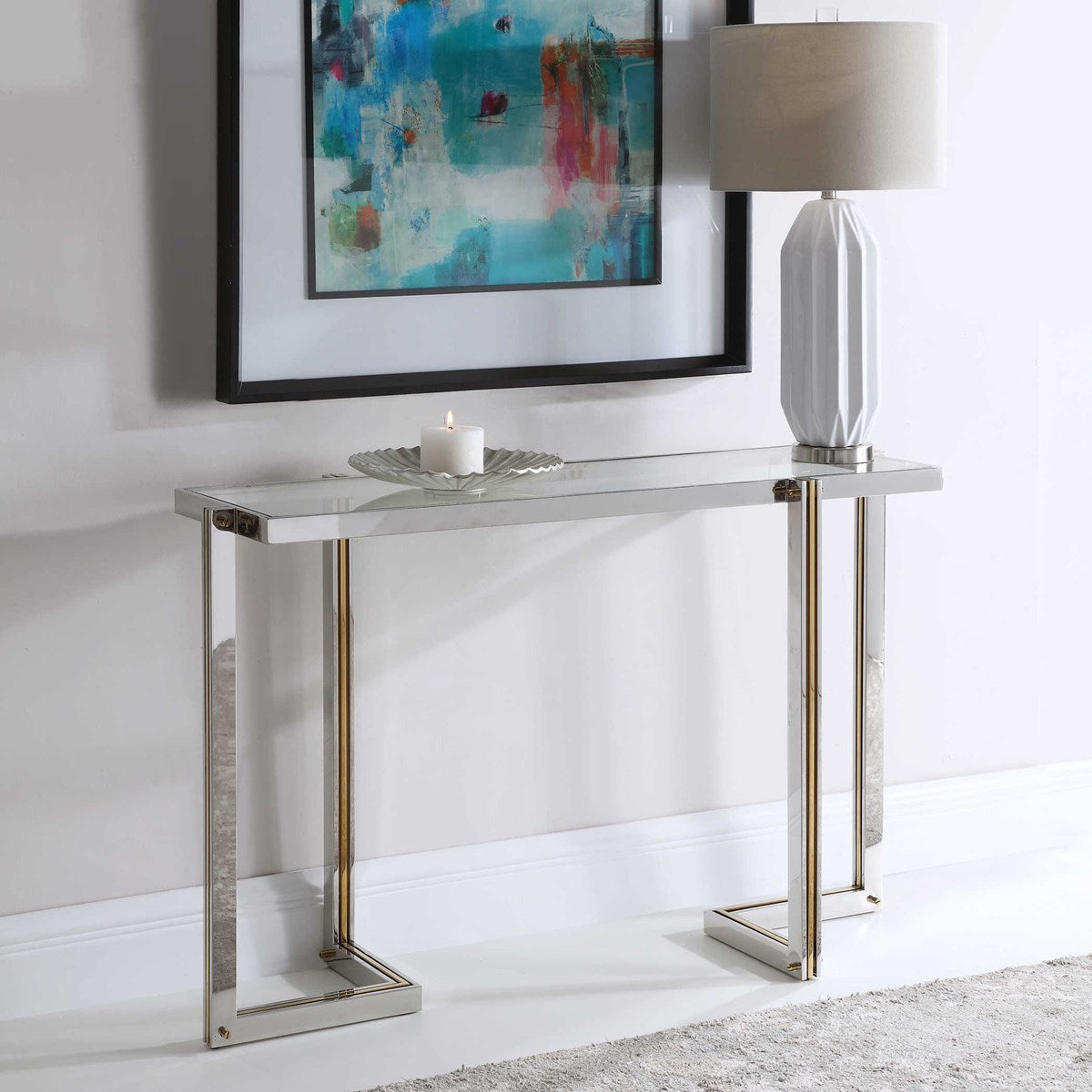 Uttermost Locke Glass Top With Polished Nickel and Gold Base Contemporary Console Table - Image 3