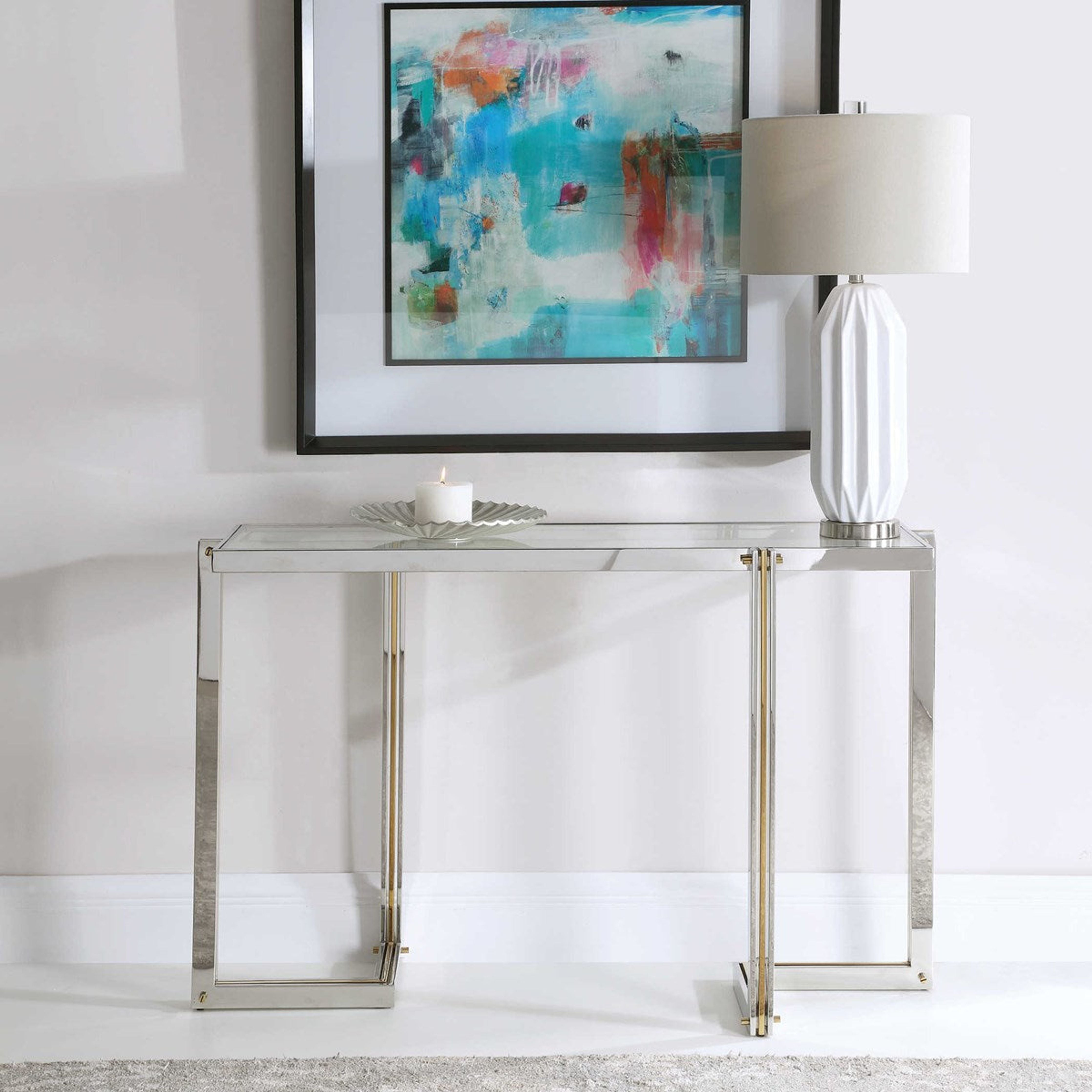Uttermost Locke Glass Top With Polished Nickel and Gold Base Contemporary Console Table - Image 1