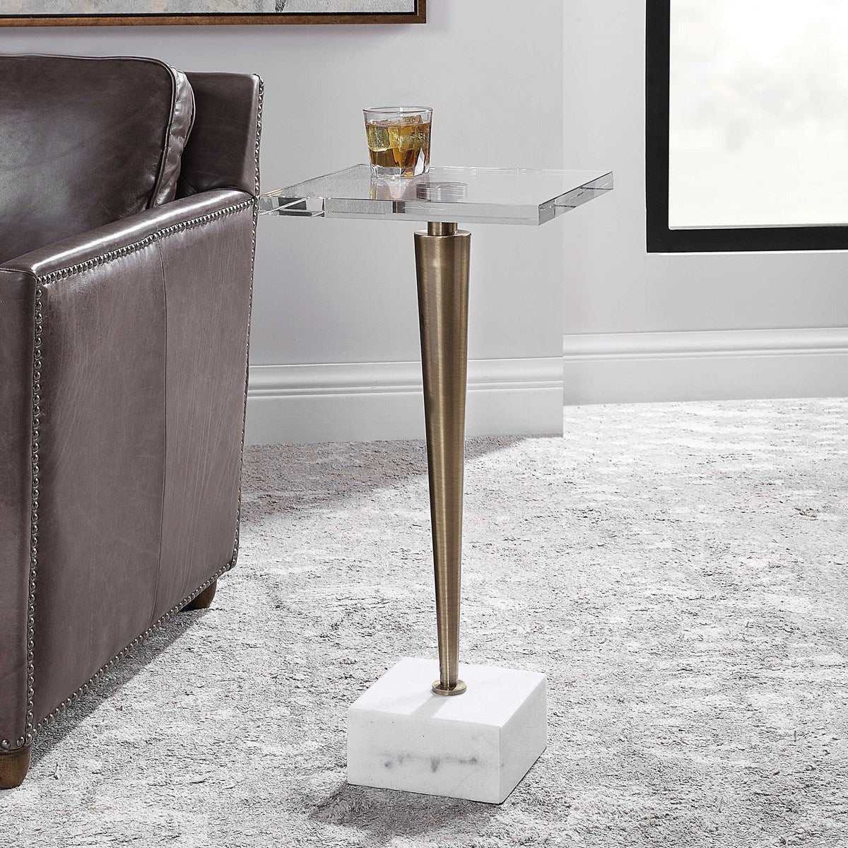 Uttermost Campeiro Crystal Top With Brushed Brass and White Marble Accent Drink Table - Image 1
