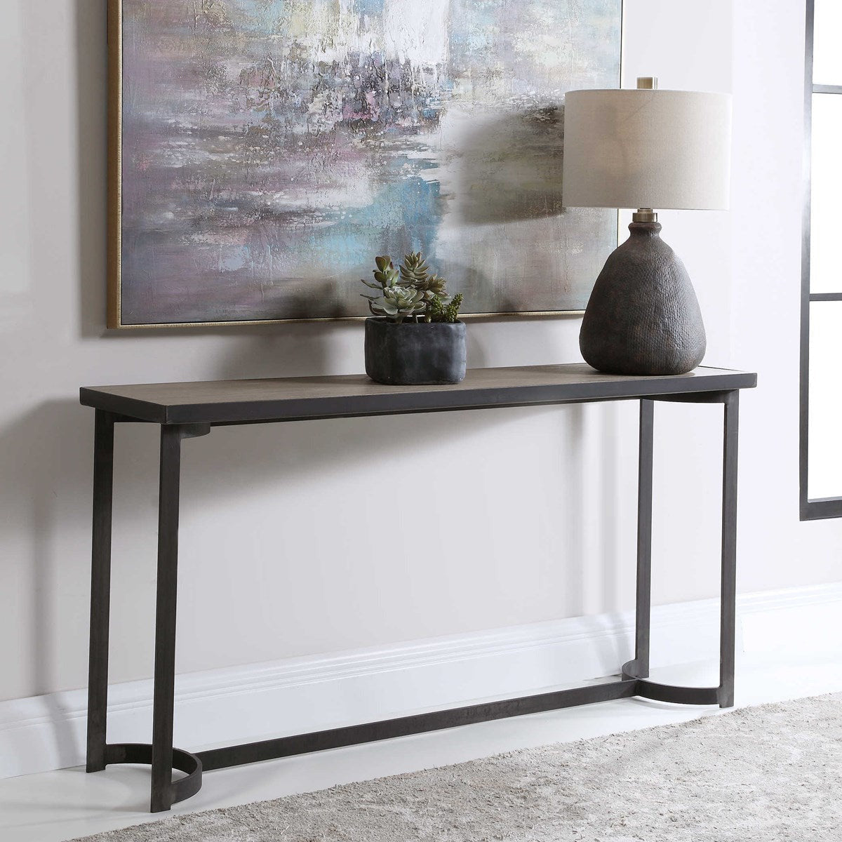 Uttermost Basuto Gray Top With Aged Steel Iron Base Console Table - Image 3