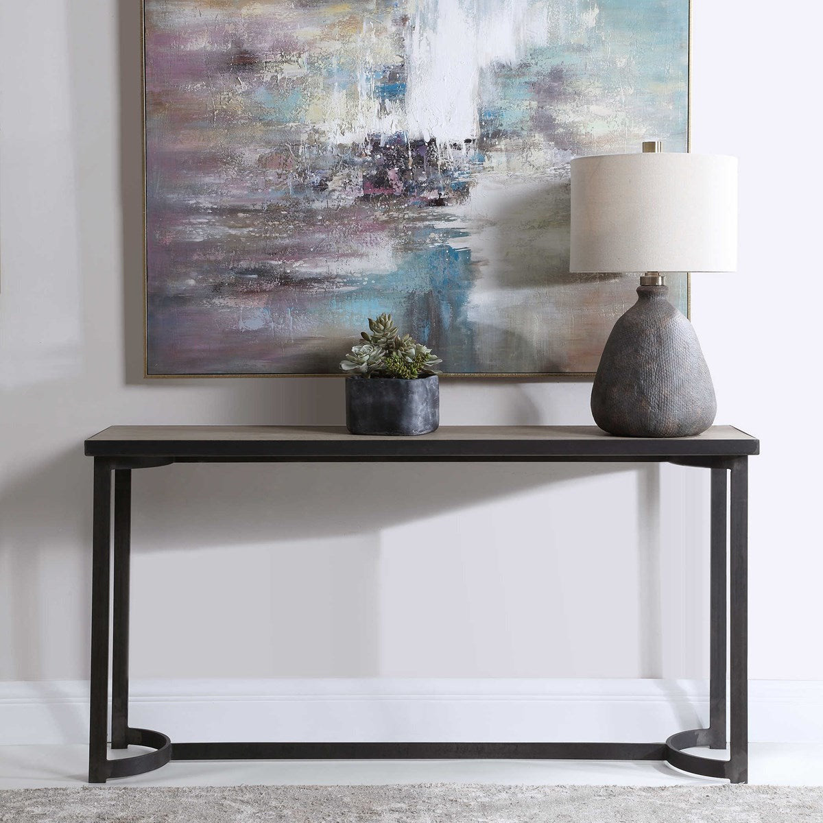 Uttermost Basuto Gray Top With Aged Steel Iron Base Console Table - Image 1