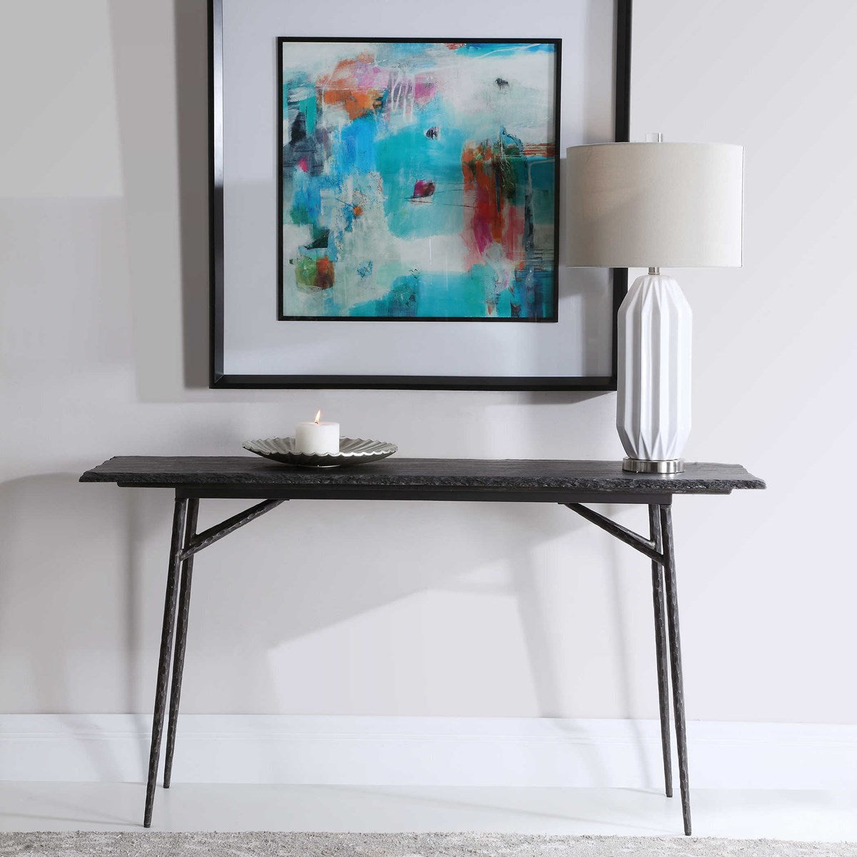 Uttermost Kaduna Textured Black Slate Top With Aged Black Iron Rustic Modern Console Table - Image 2