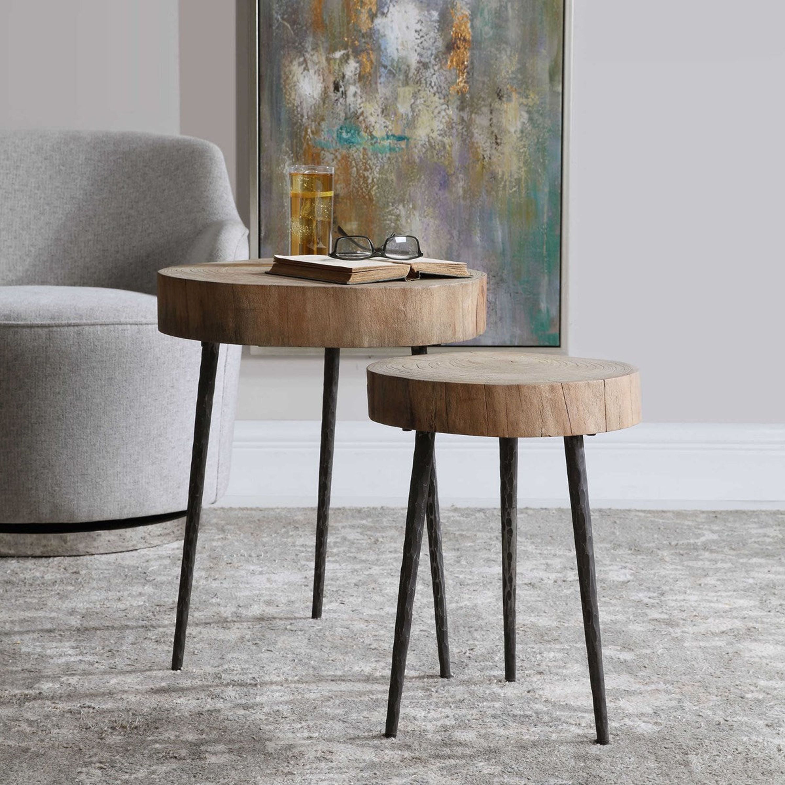 Uttermost Samba Reclaimed Elm Wood Tops With Aged Steel Finished Iron Rustic Modern Set of 2 Nesting Tables - Image 1