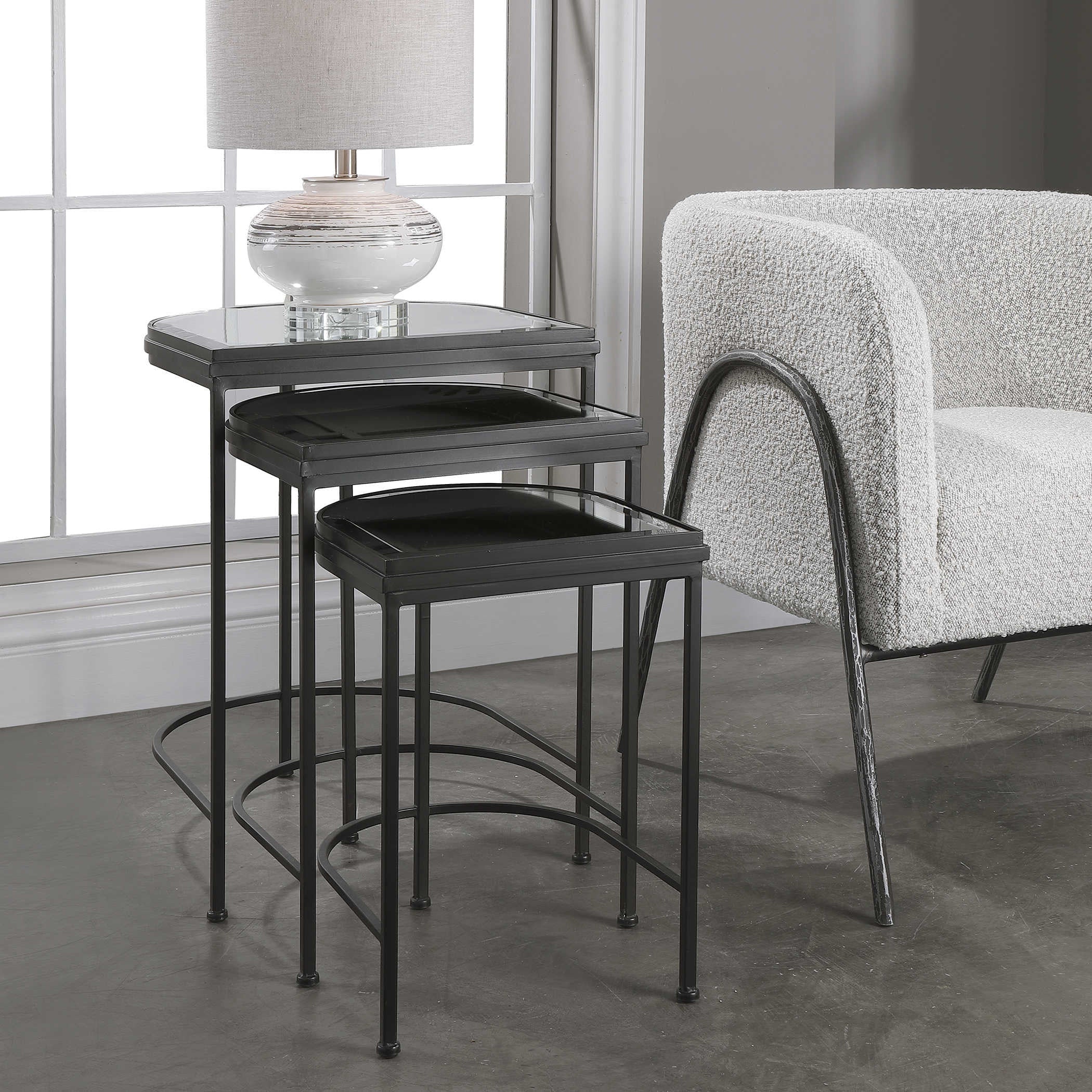 Uttermost India Mirrored Top With Matte Black Iron Set of 3 Nesting Tables - Image 2
