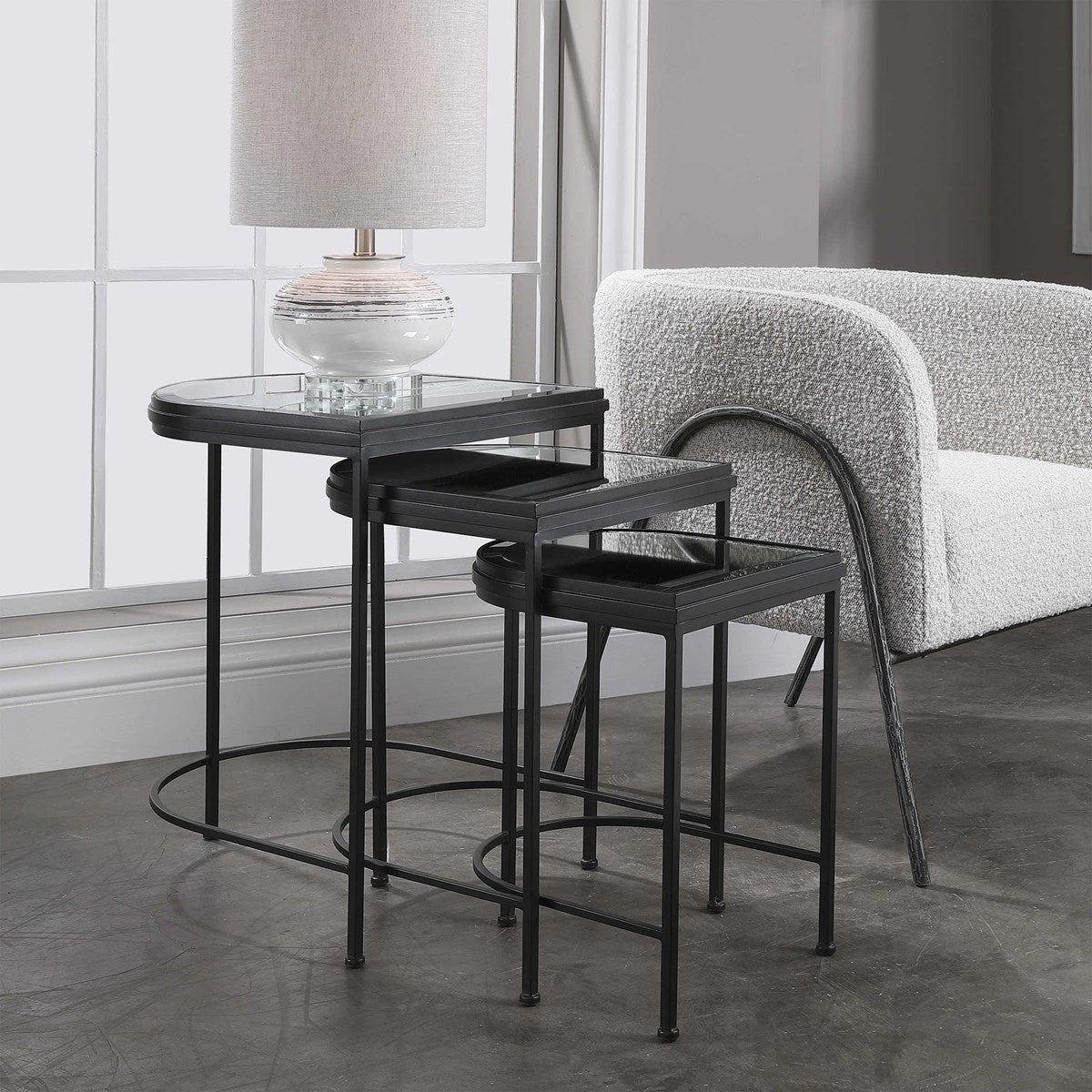 Uttermost India Mirrored Top With Matte Black Iron Set of 3 Nesting Tables - Image 1