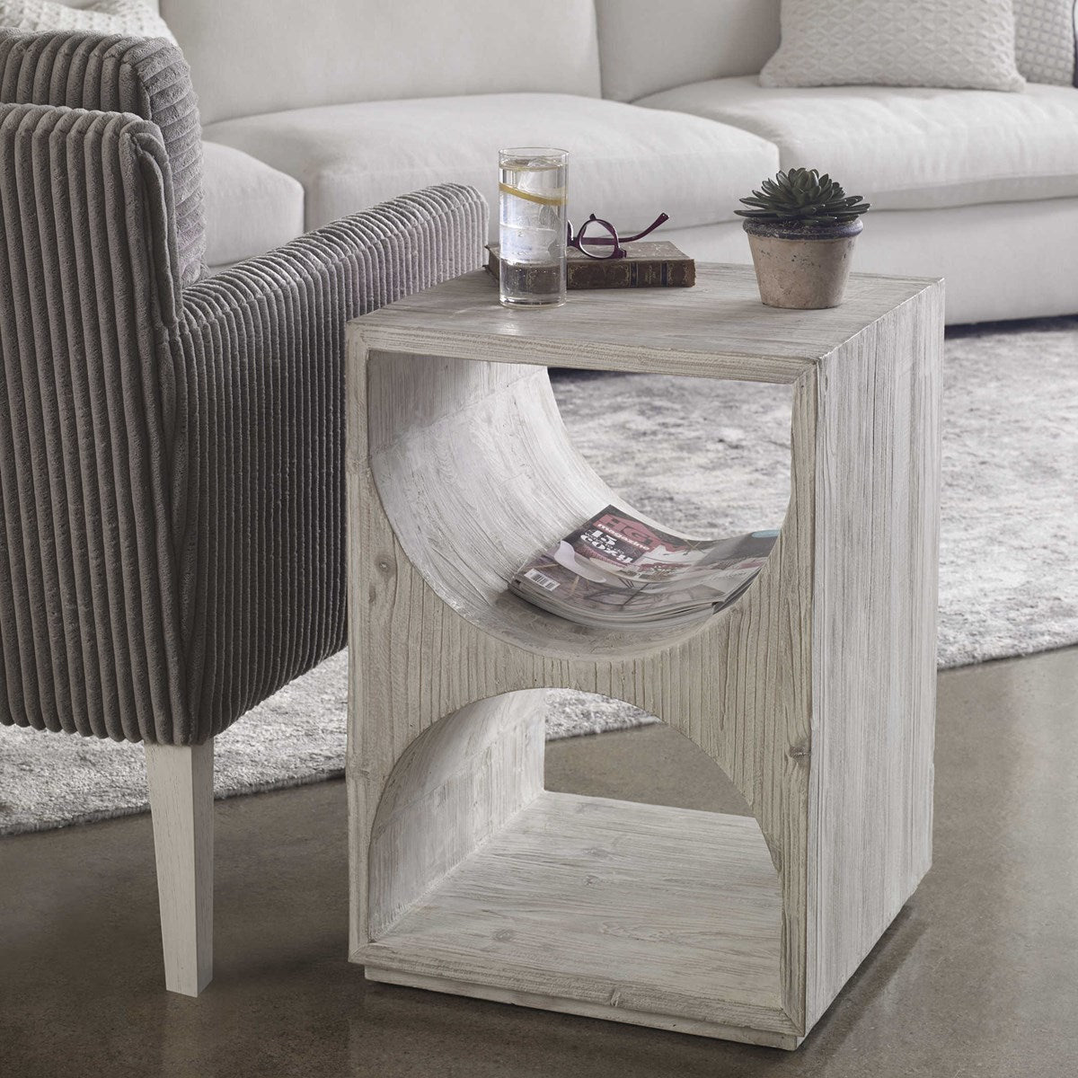 Uttermost Hans Distressed Ivory Fir Wood Scandinavian Style Side Table - Image 1