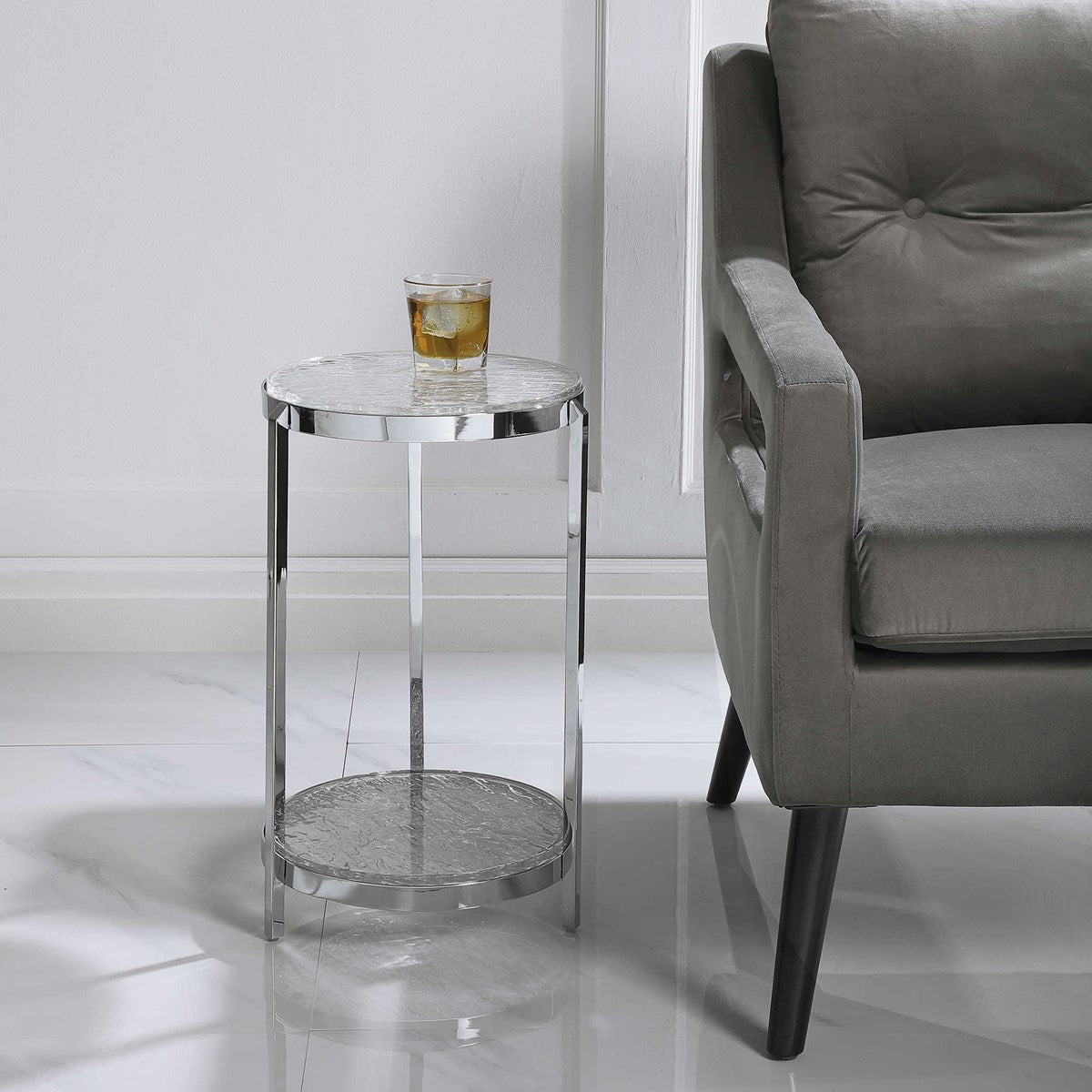 Uttermost Clarence Ripple Glass Top With Polished Nickel Modern Round Accent Table - Image 1