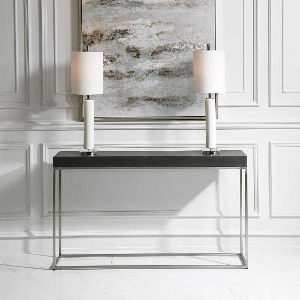 Uttermost Jase Black Concrete Top With Brushed Nickel Stainless Steel Modern Console Table - Image 1