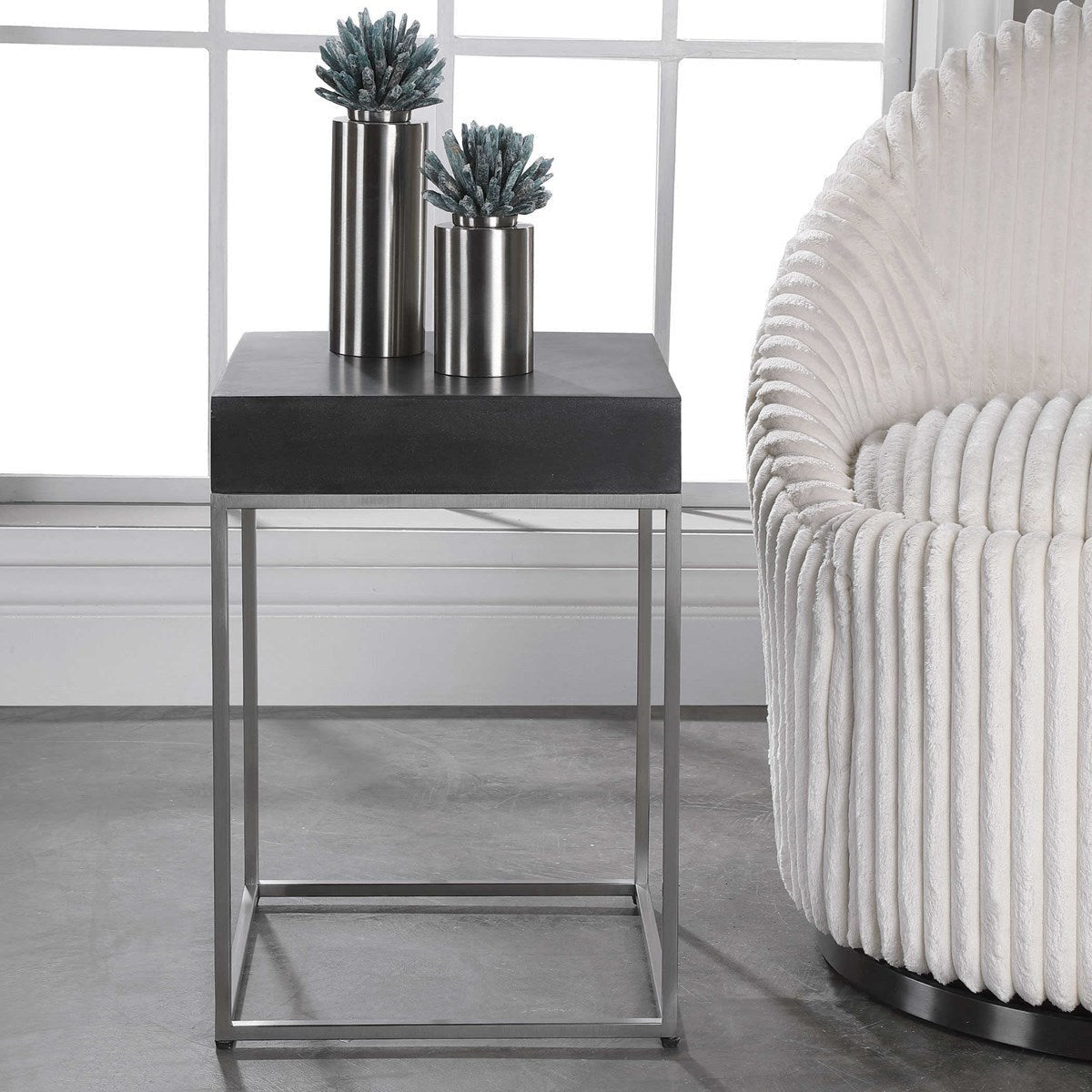 Uttermost Jase Black Concrete Top With Brushed Nickel Modern Accent Table - Image 3