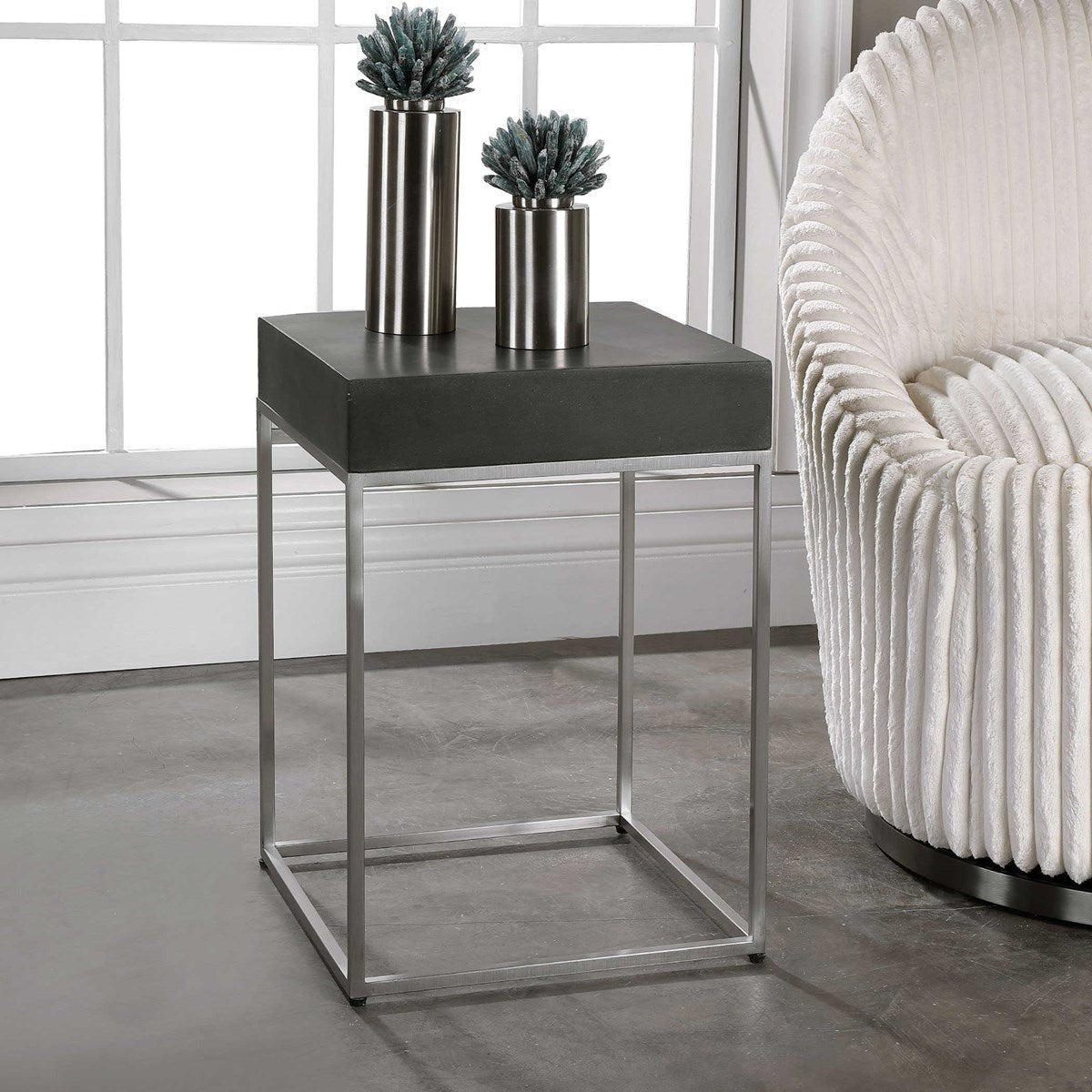 Uttermost Jase Black Concrete Top With Brushed Nickel Modern Accent Table - Image 1