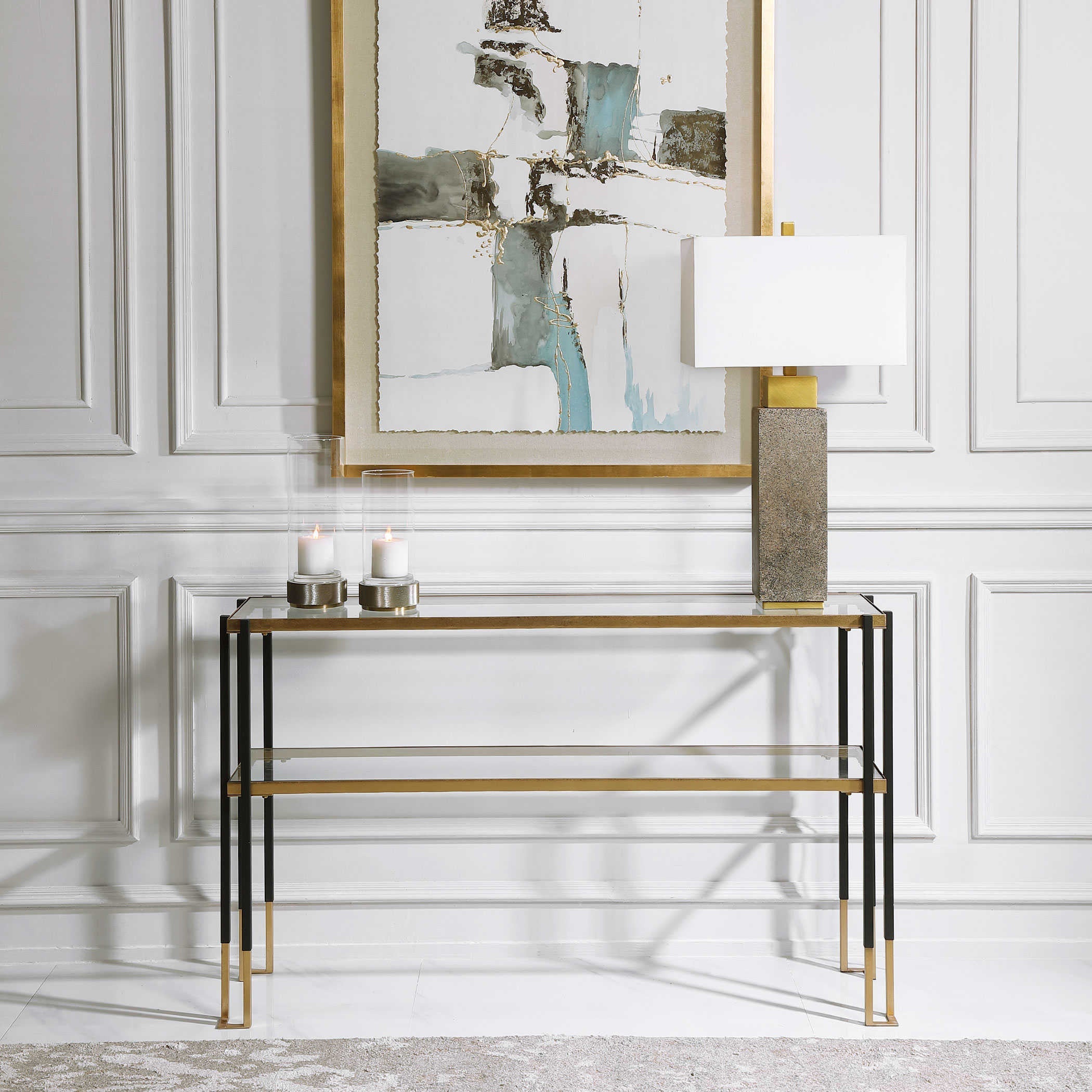 Uttermost Kentmore Glass Too With Matte Black and Brushed Gold Iron Contemporary Console Table - Image 2