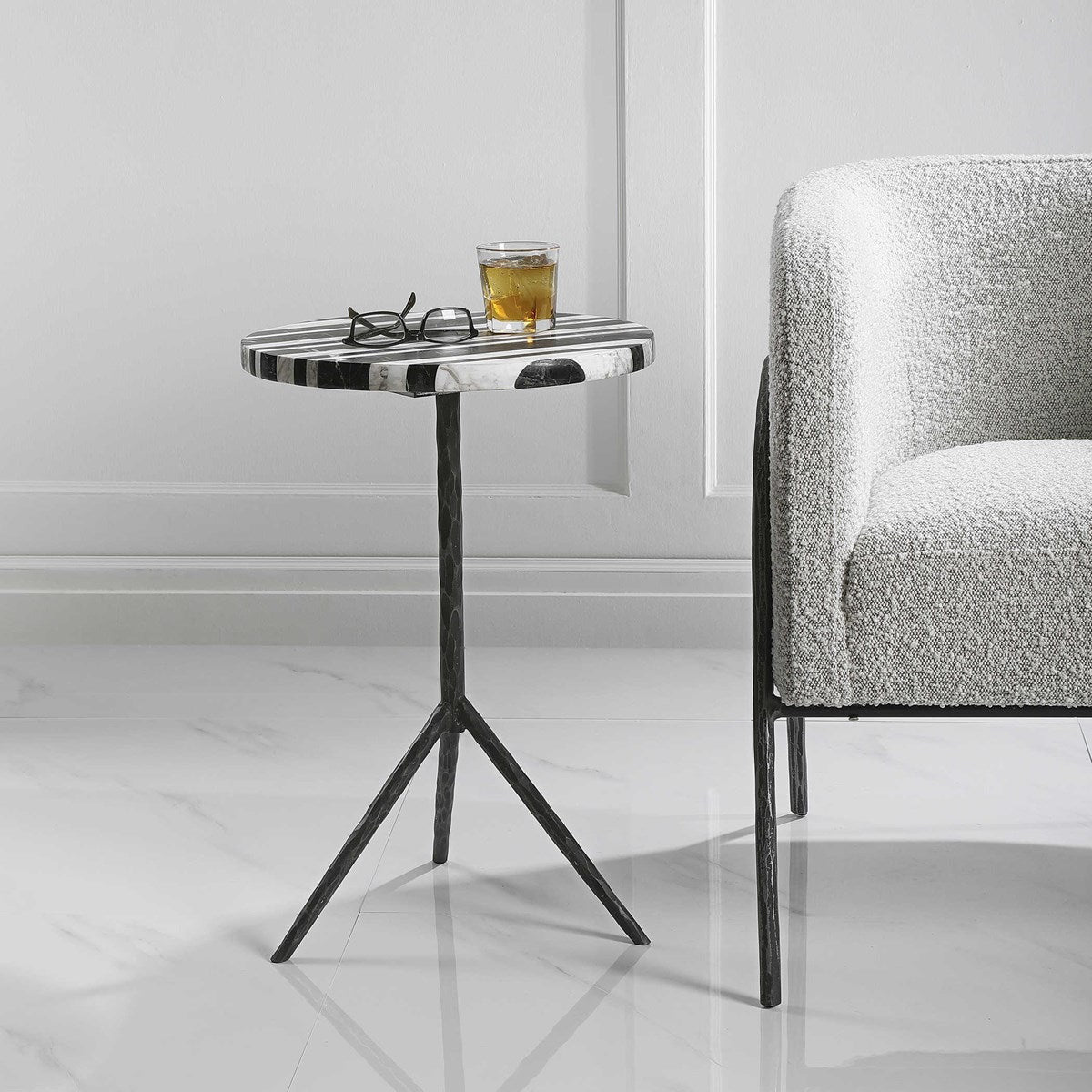 Uttermost Fine Line Black and White Marble Top With Aged Iron Accent Table - Image 1