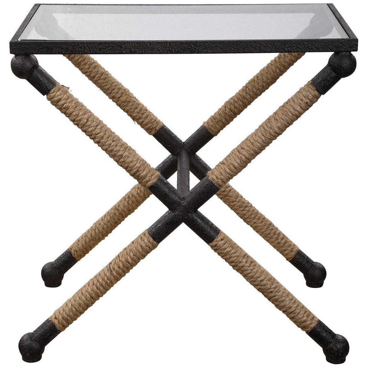 Uttermost Braddock Glass Top With Wrapped Rope Rustic Iron Modern Coastal Accent Table - Image 2