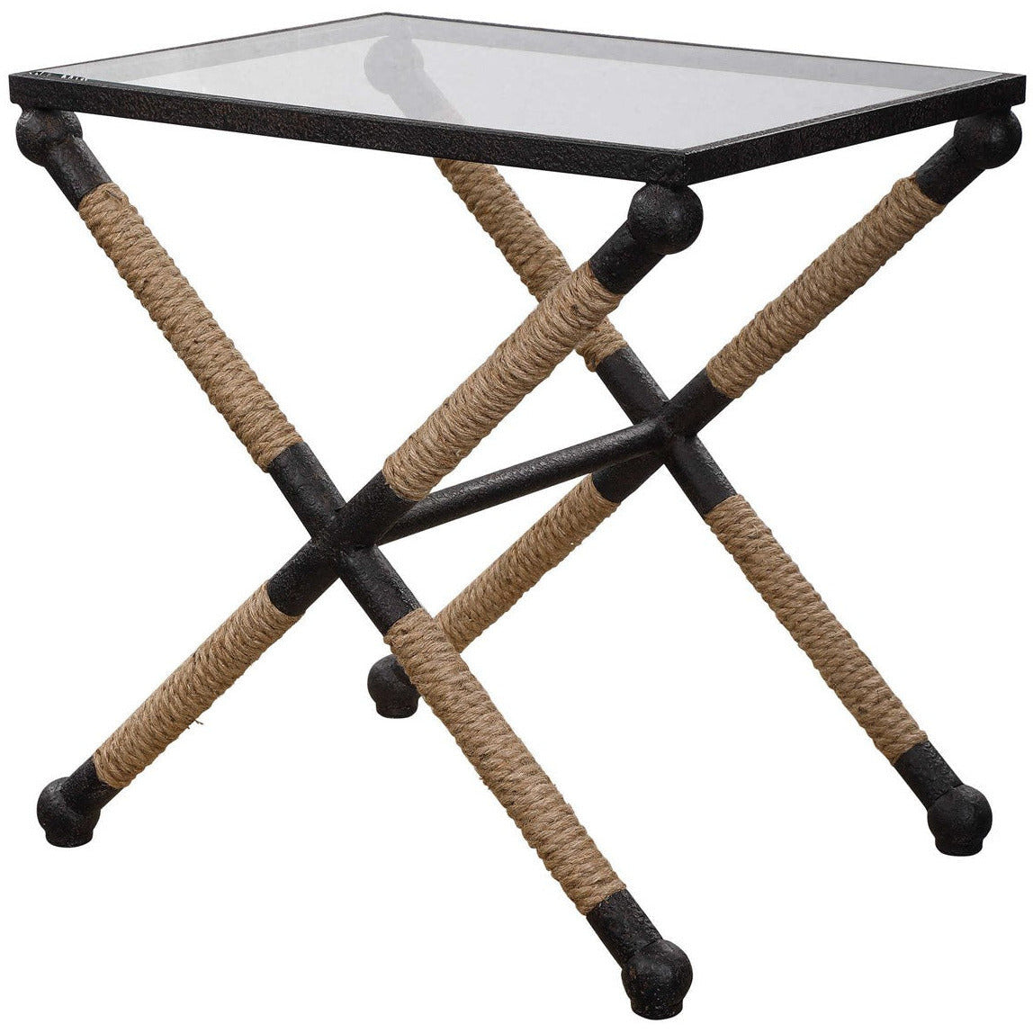 Uttermost Braddock Glass Top With Wrapped Rope Rustic Iron Modern Coastal Accent Table - Image 3