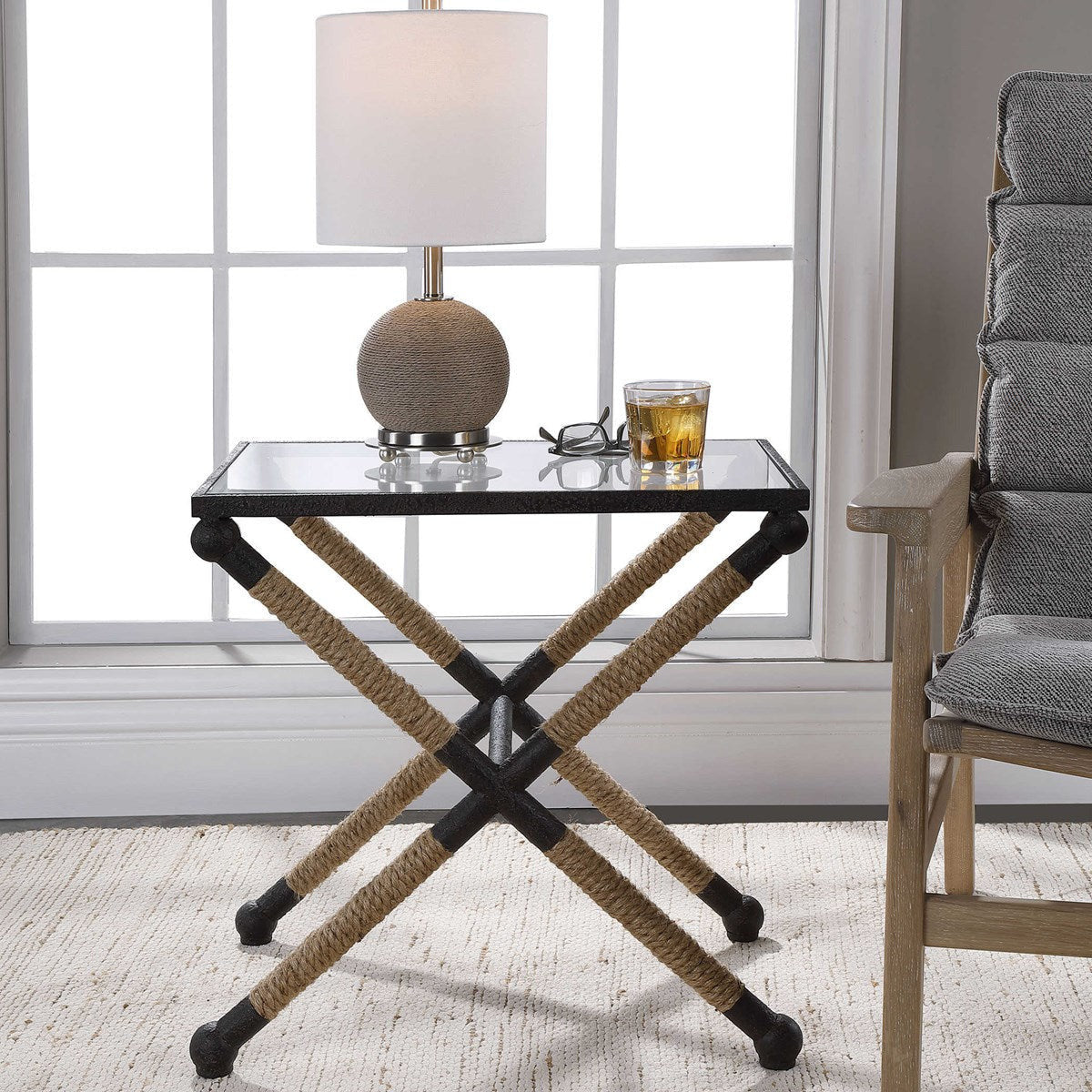 Uttermost Braddock Glass Top With Wrapped Rope Rustic Iron Modern Coastal Accent Table - Image 1