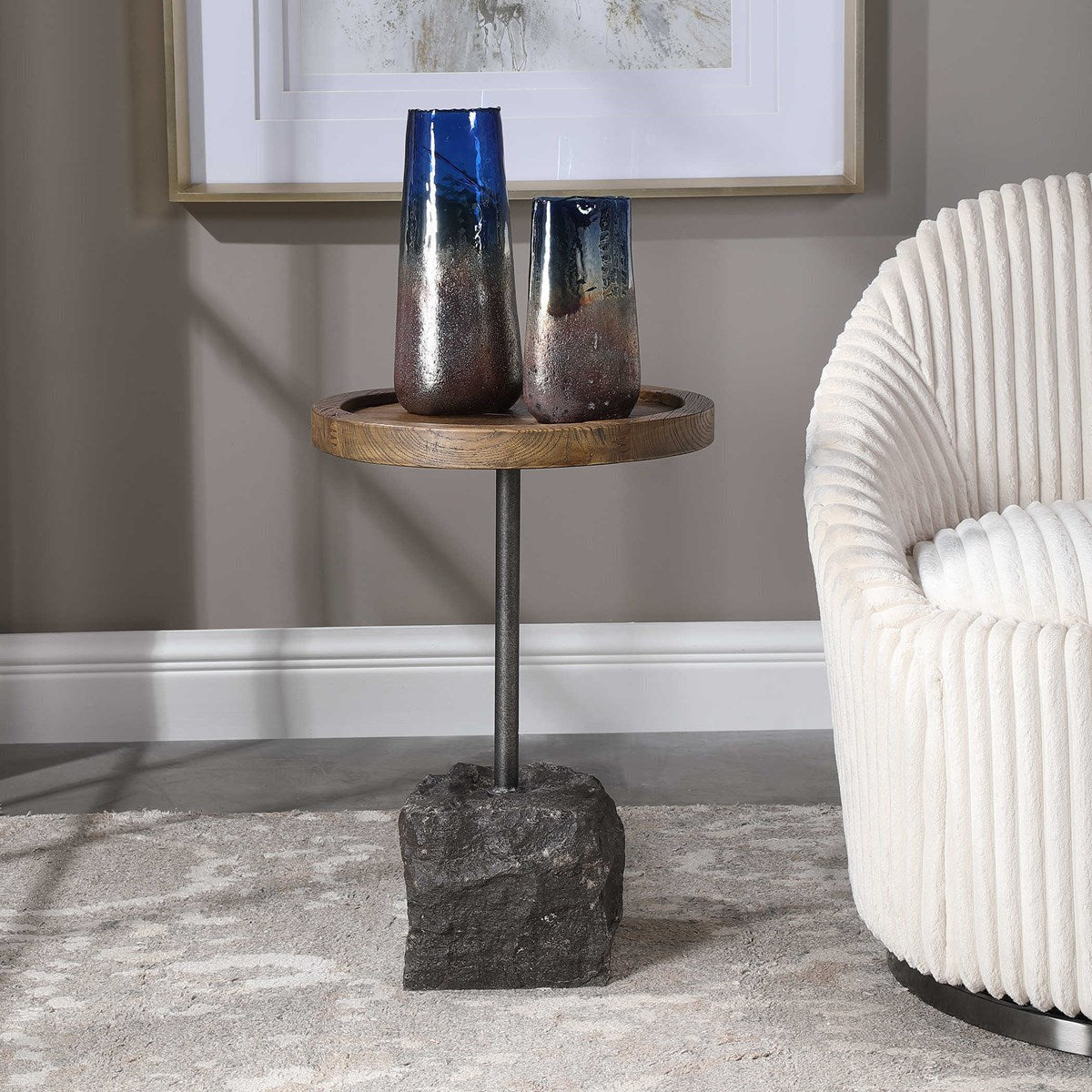 Uttermost Horton Natural Recycled Elm Top With Aged Iron Rustic Modern Round Accent Table - Image 2