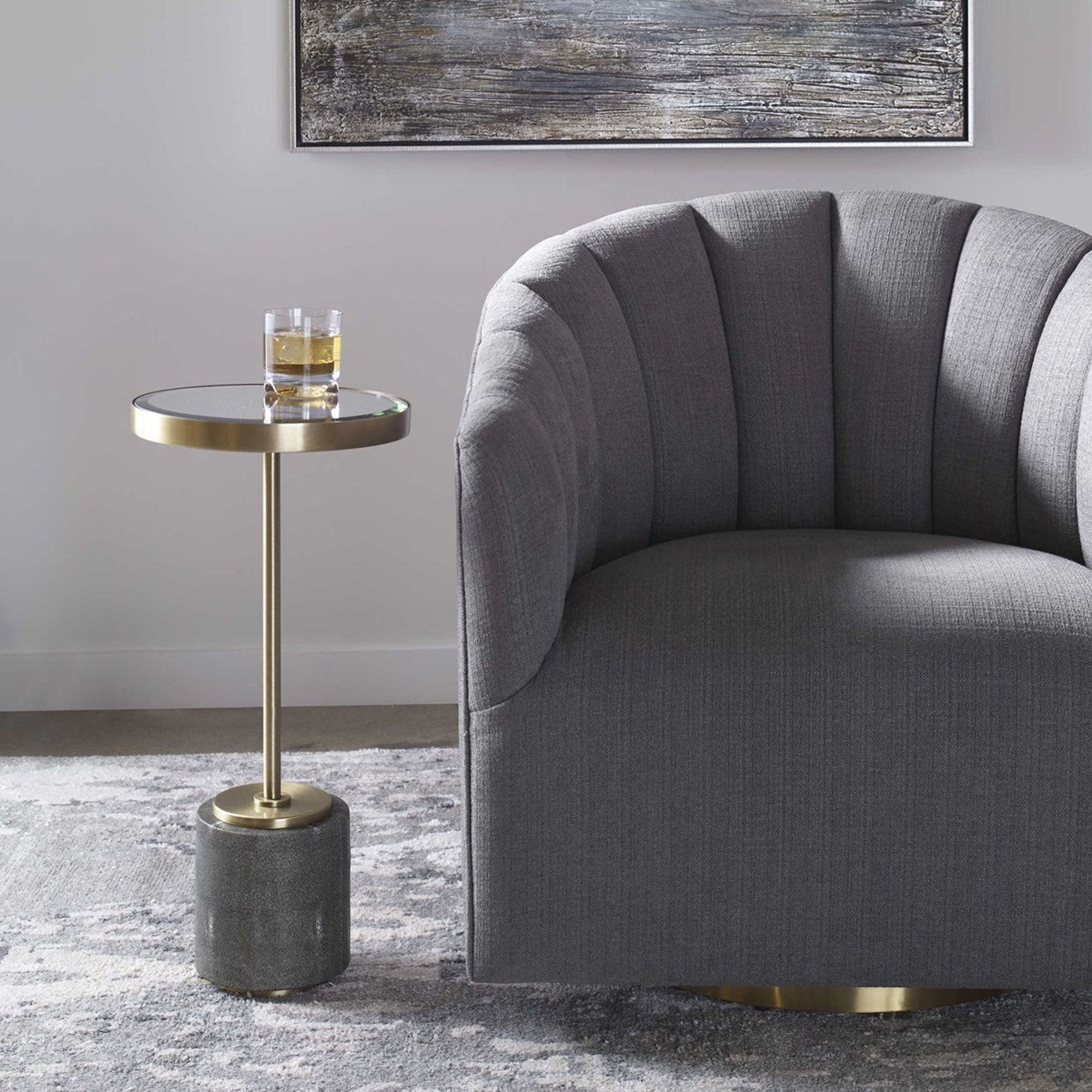 Uttermost Laurier Mirrored Top With Gray Faux Shagreen and Brushed Brass Iron Modern Drink Table - Image 3
