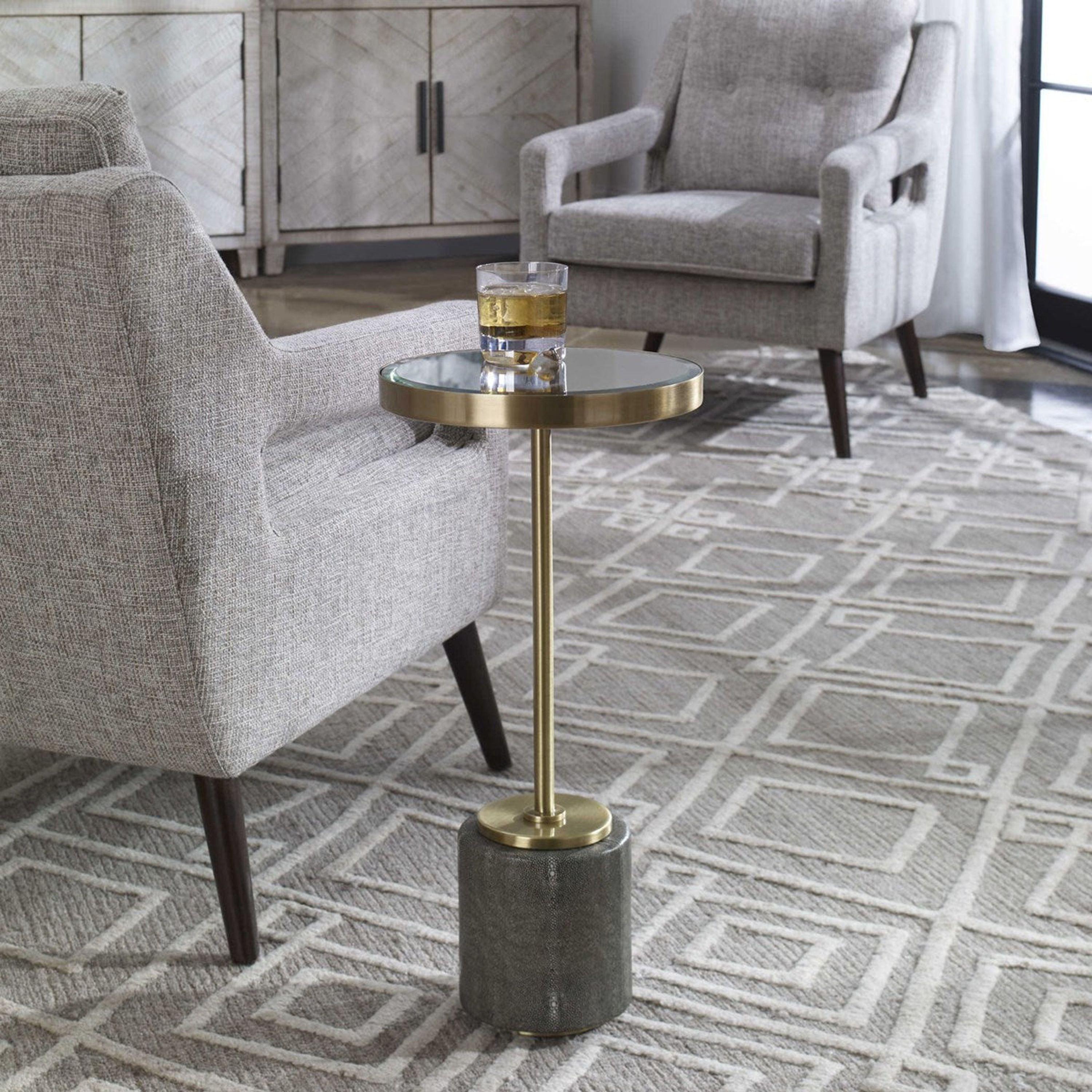 Uttermost Laurier Mirrored Top With Gray Faux Shagreen and Brushed Brass Iron Modern Drink Table - Image 1