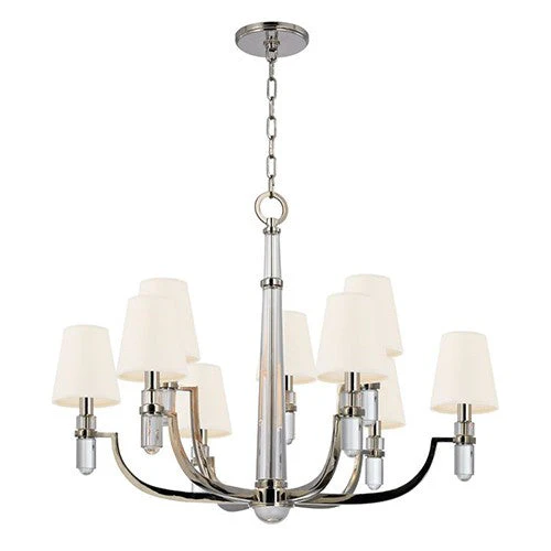 Nickel Nine-Light Chandelier with White Faux Silk Shade - Image 1
